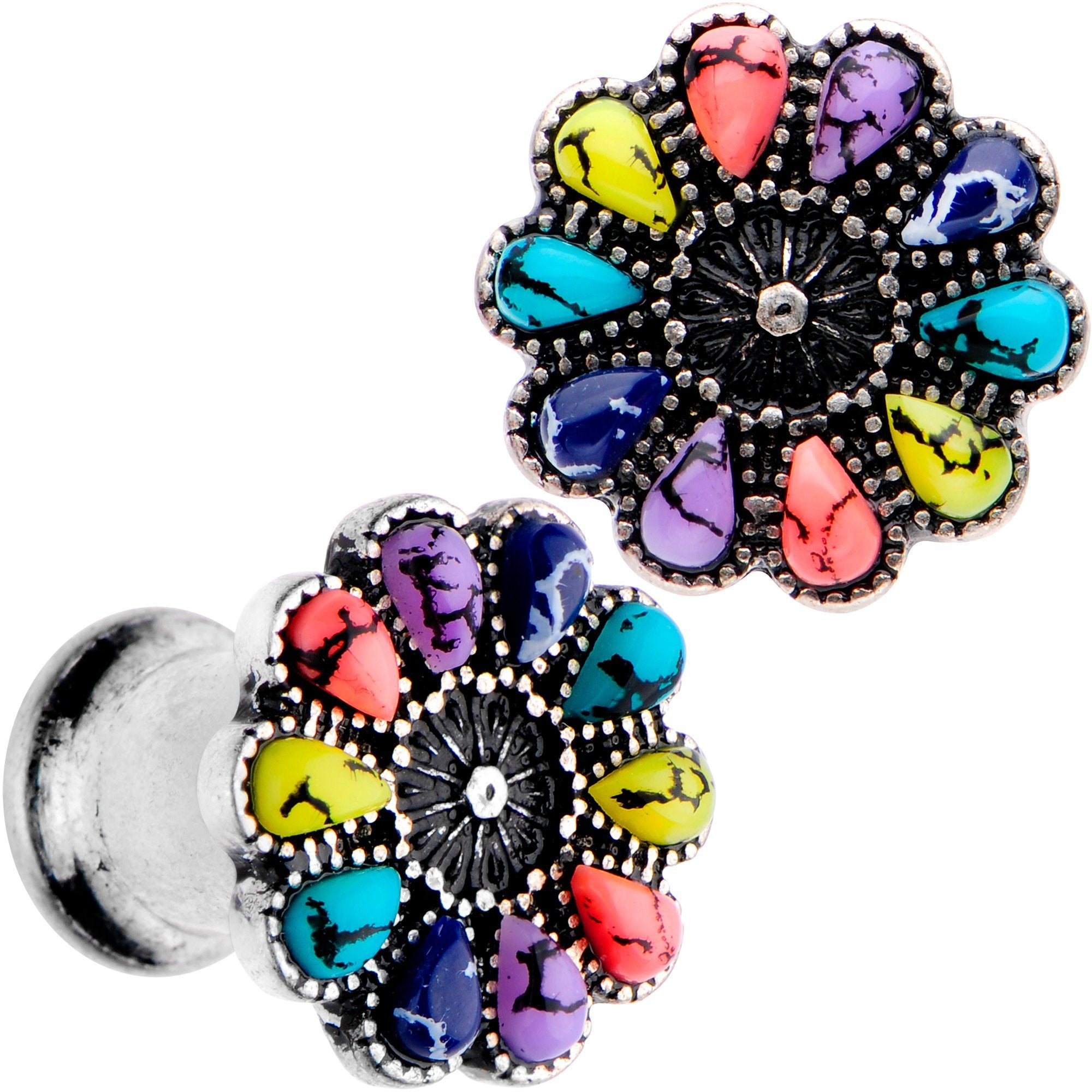 Southwestern Pinwheel Flower Double Flare Plug Set Set 2 Gauge to 22mm