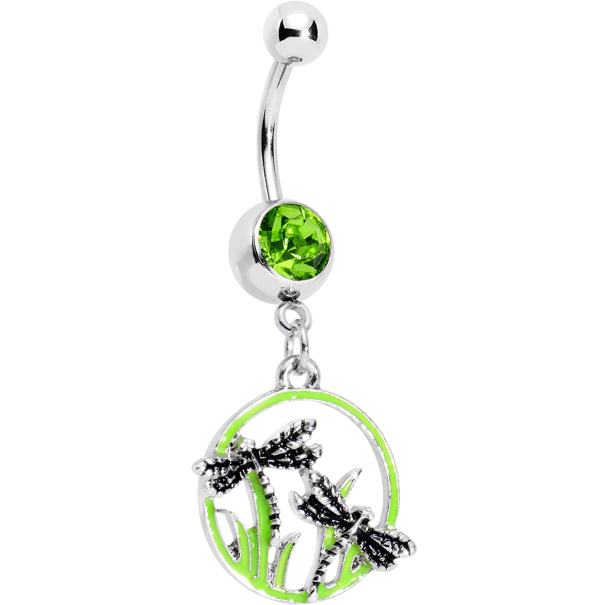 Green Gem Grassy Garden Hoop Dragonfly Dangle Belly Ring