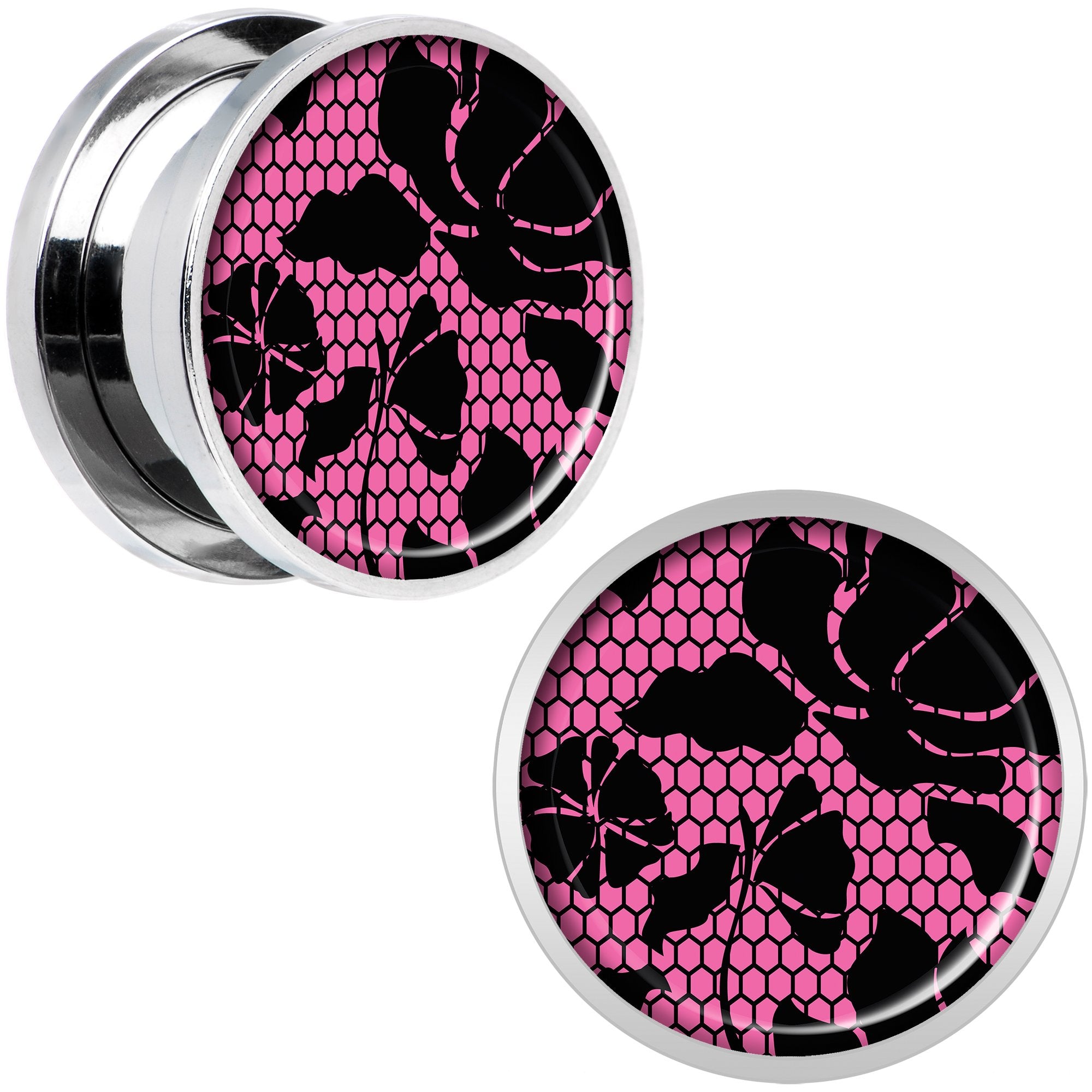 Pink Floral Lace Steel Screw Fit Plug Set 5/8