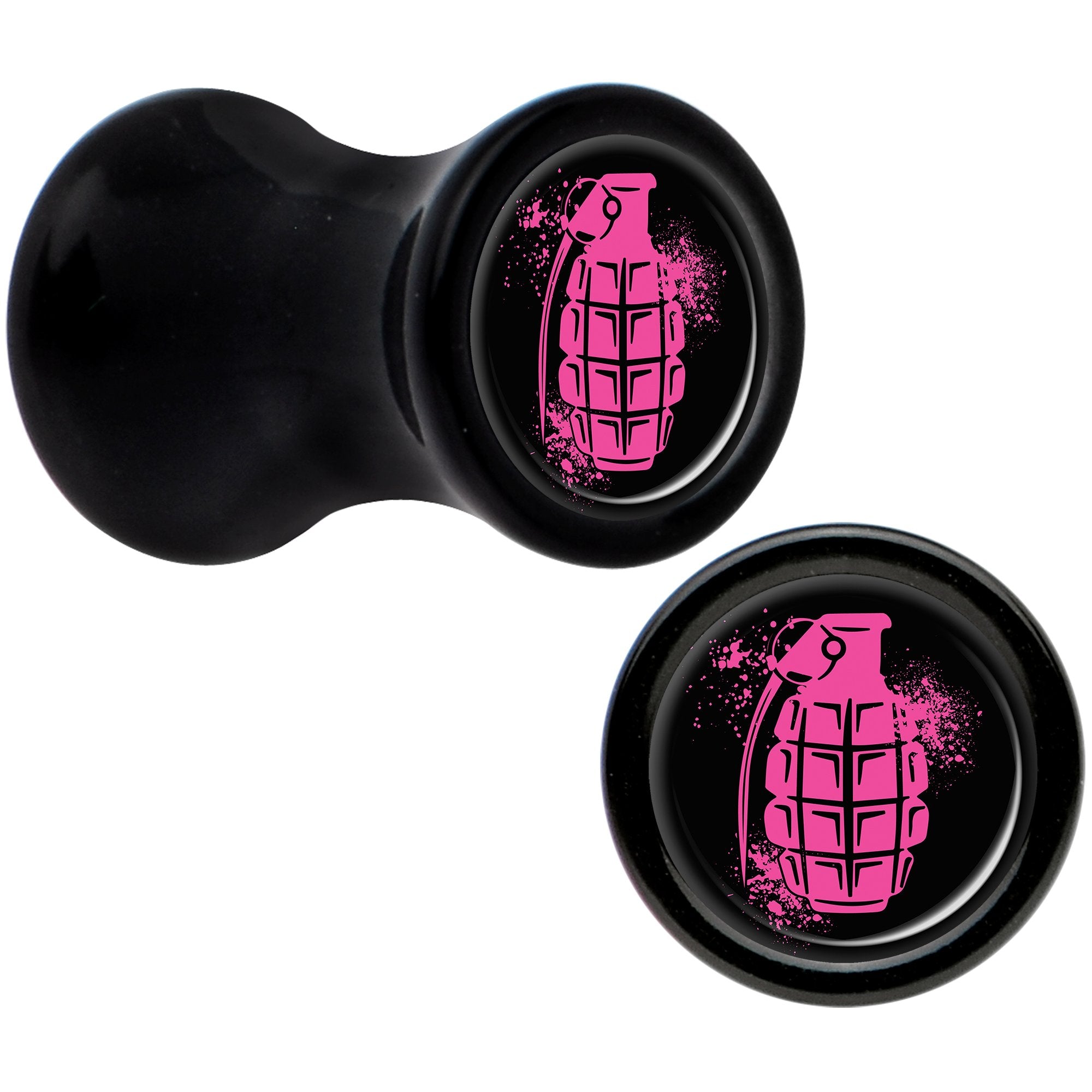 Black Acrylic Pink Grenade Saddle Plug Set 4 Gauge