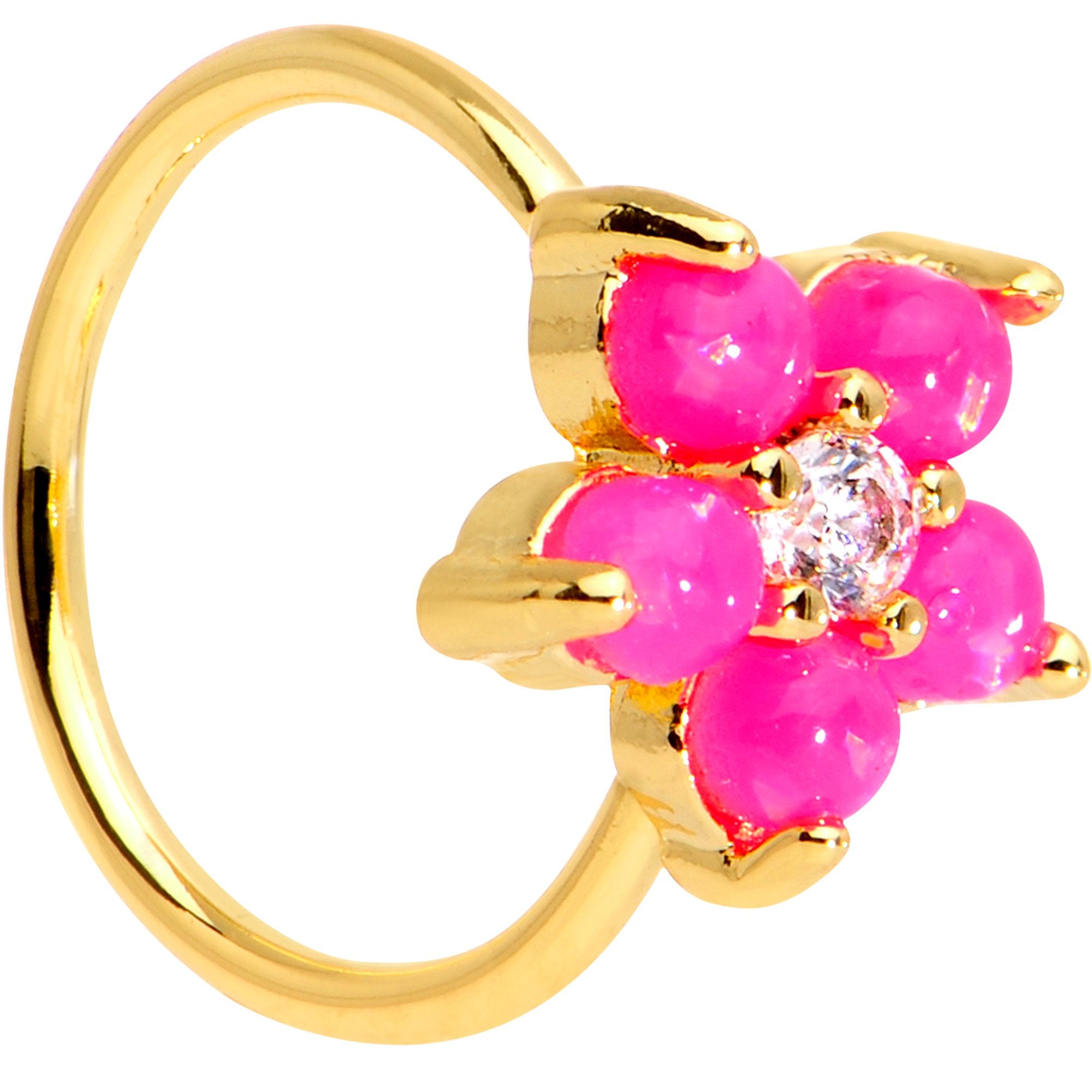 20 Gauge Clear CZ Pink Faux Opal Gold Tone Flower Circular Ring