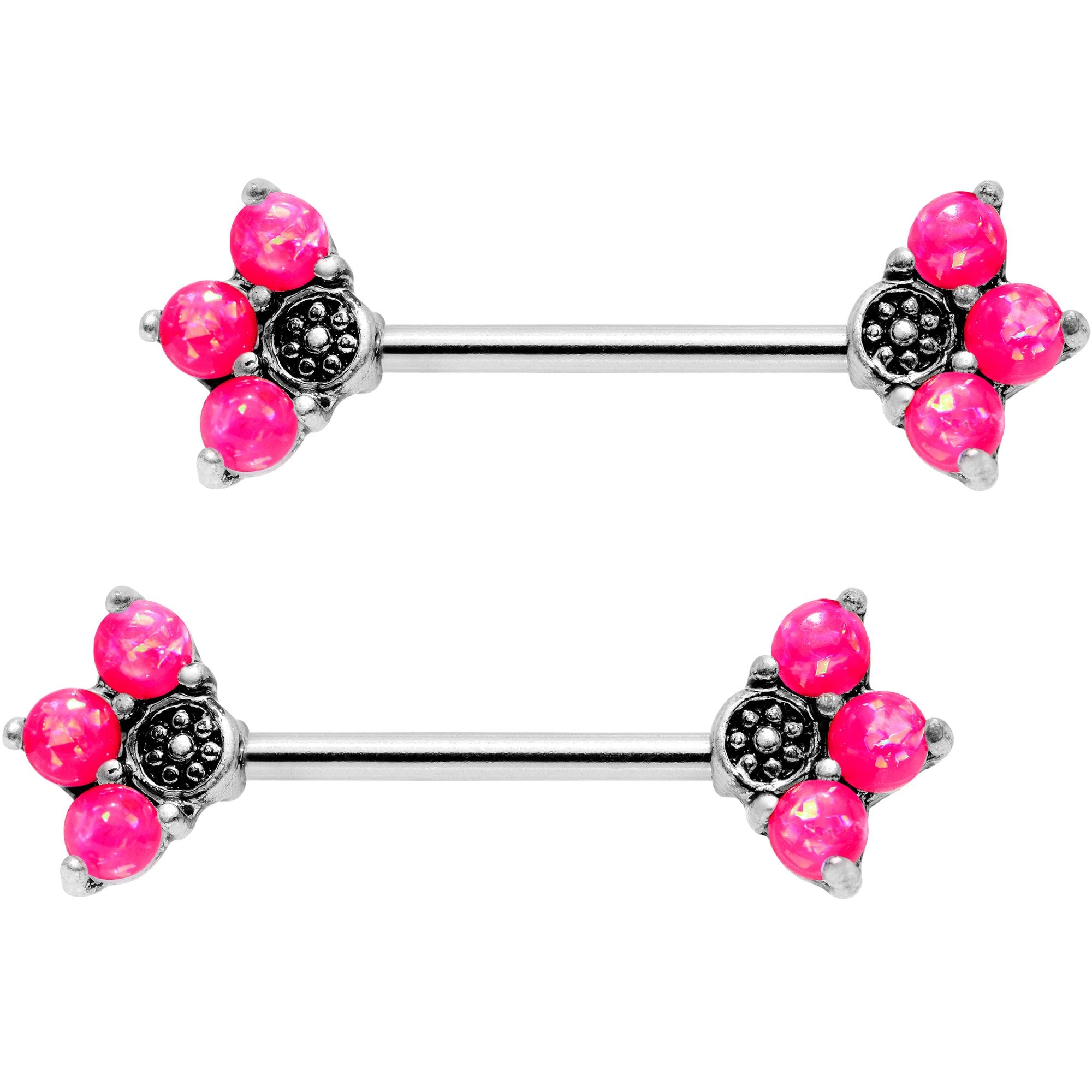 9/16 Pink Faux Opal Three Petal Flower Barbell Nipple Ring Set