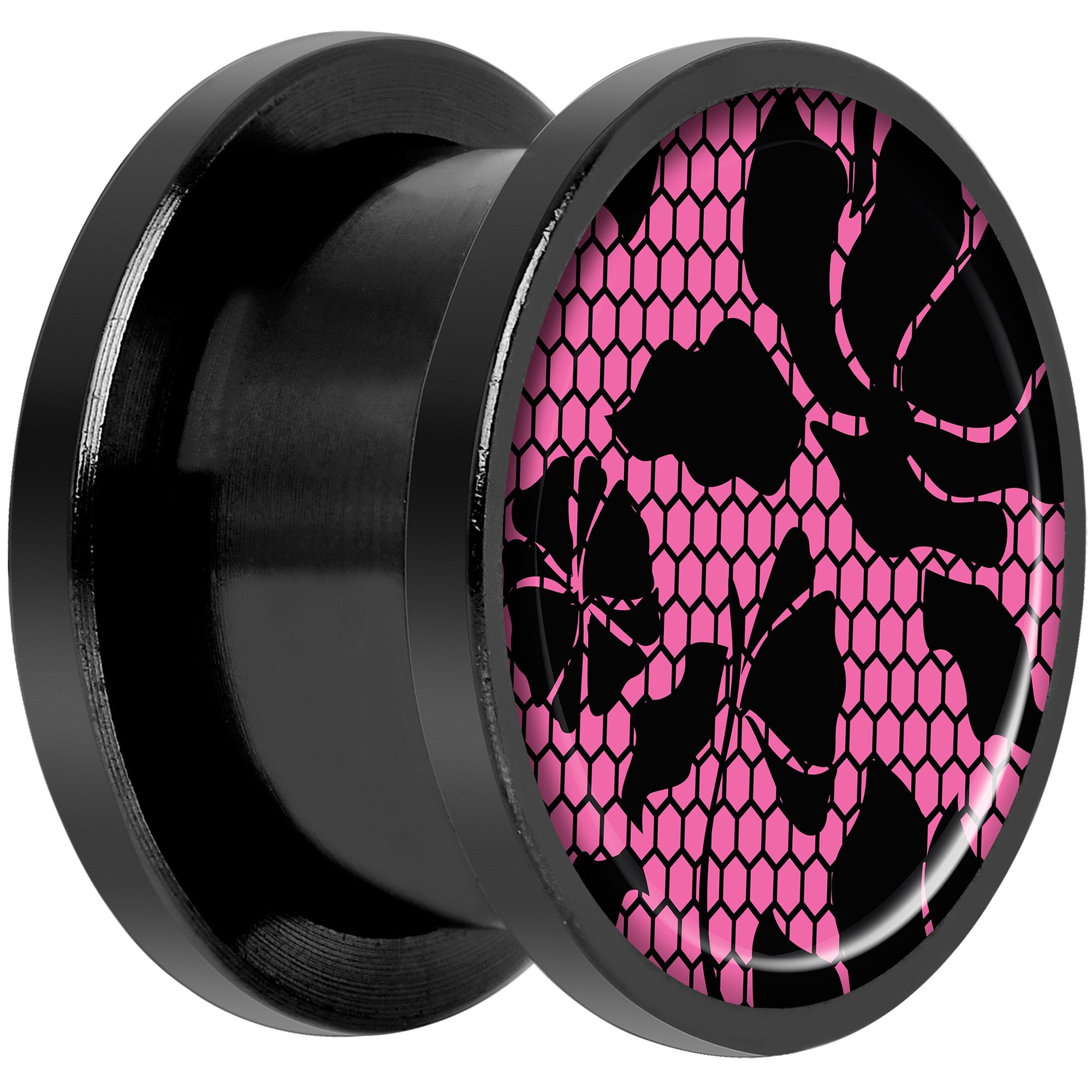 Pink Floral Lace Black Anodized Screw Fit Plug Set 9/16