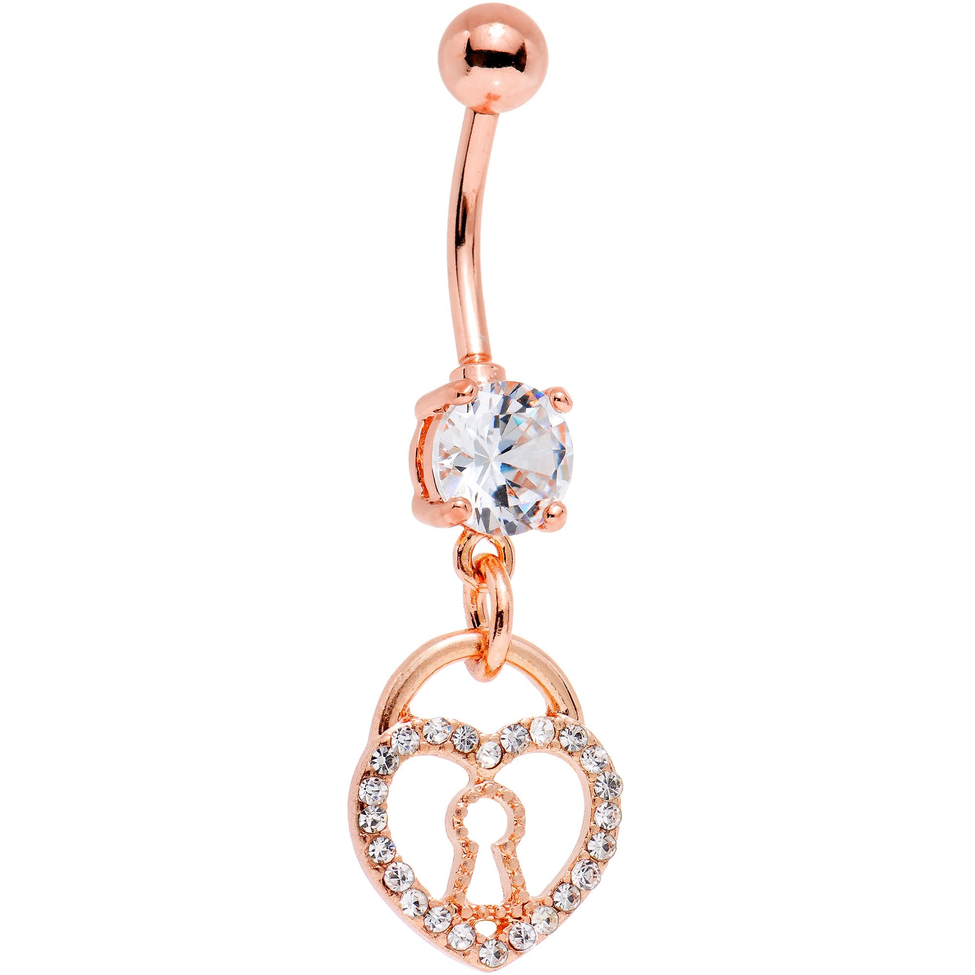 Clear Gem Rose Gold PVD Keyhole Heart Pendant Dangle Belly Ring