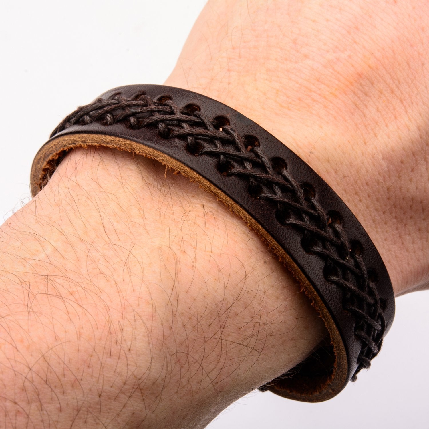 Mens Dark Brown Stitch Leather 9mm Bracelet