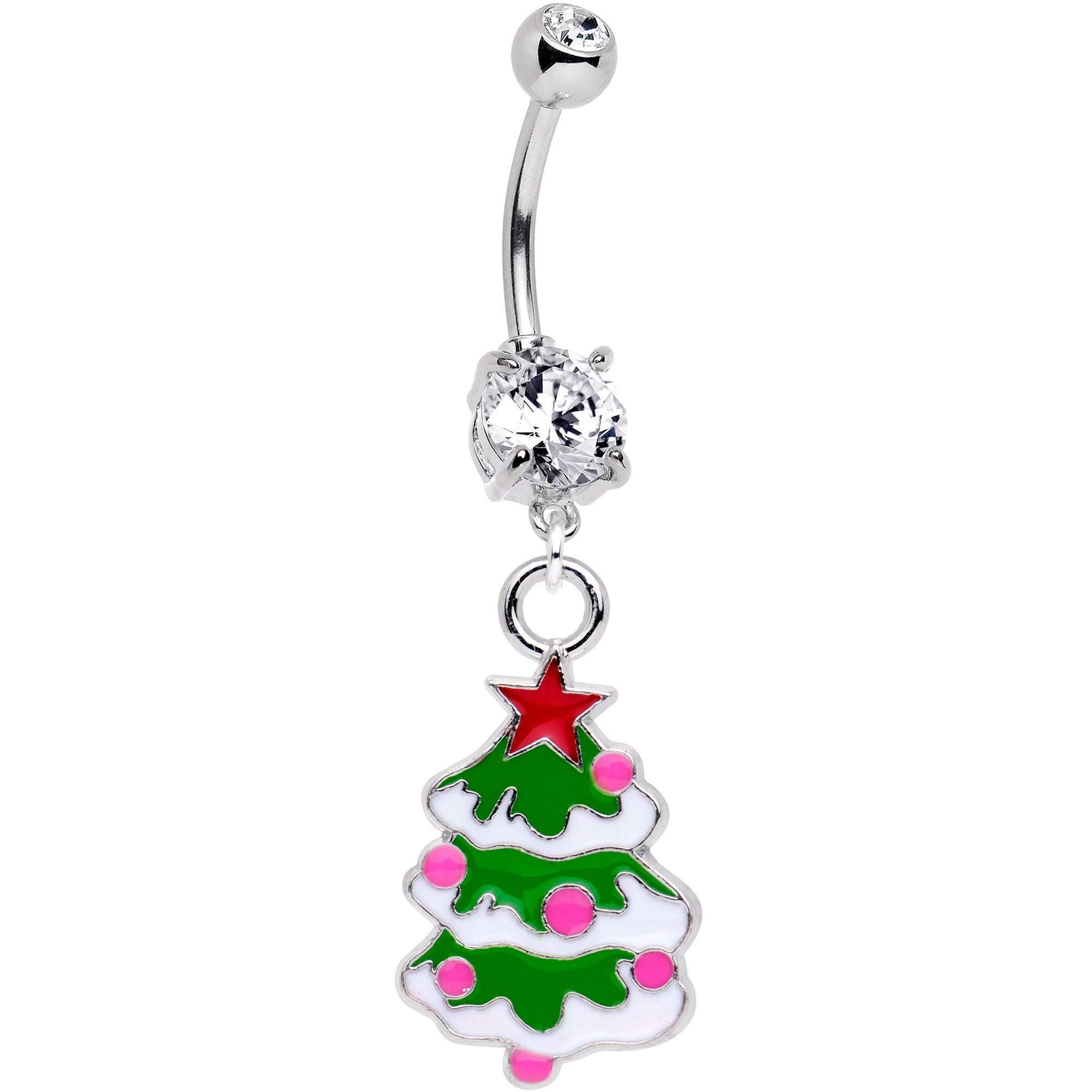 Snowy Christmas Tree Dangle Belly Ring Created with Crystals