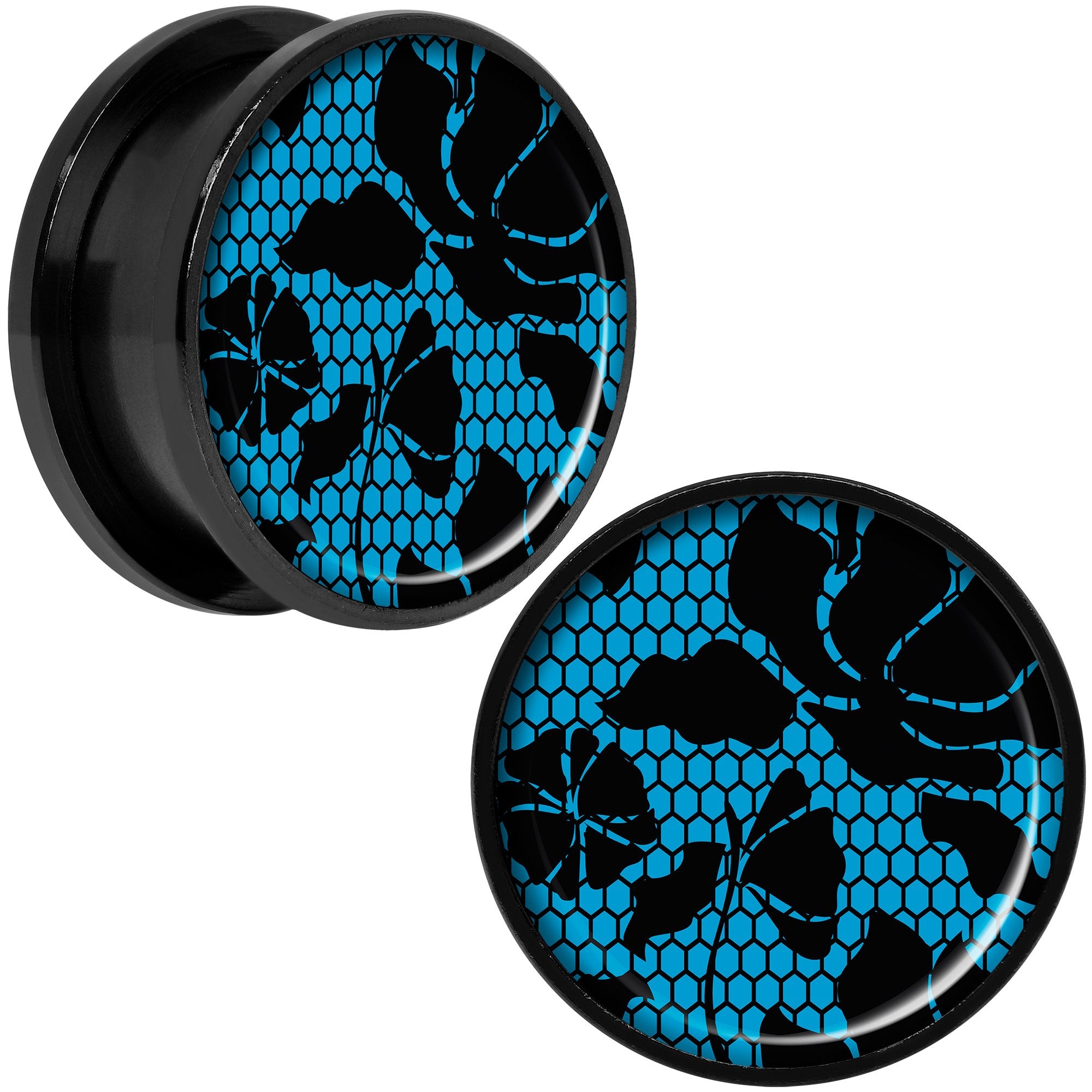 Blue Floral Lace Black Anodized Screw Fit Plug Set 20mm