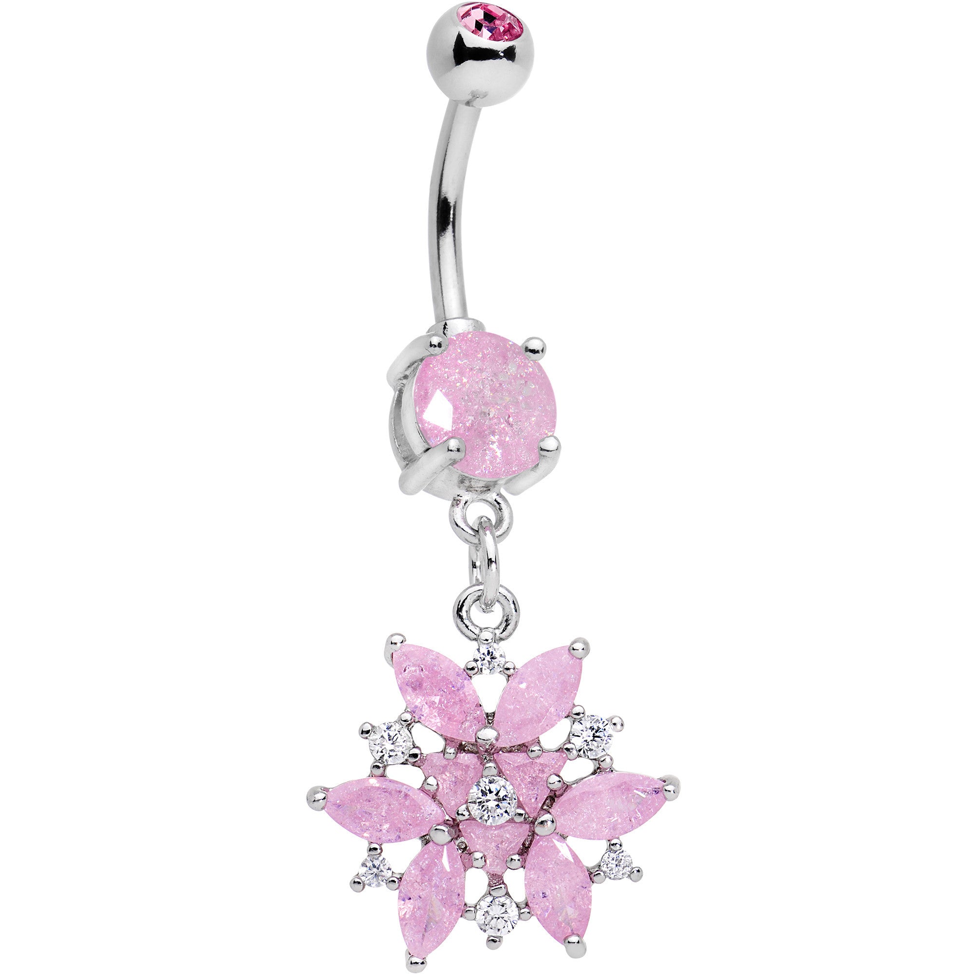 Pink CZ Gem Epic Ice Flower Dangle Belly Ring