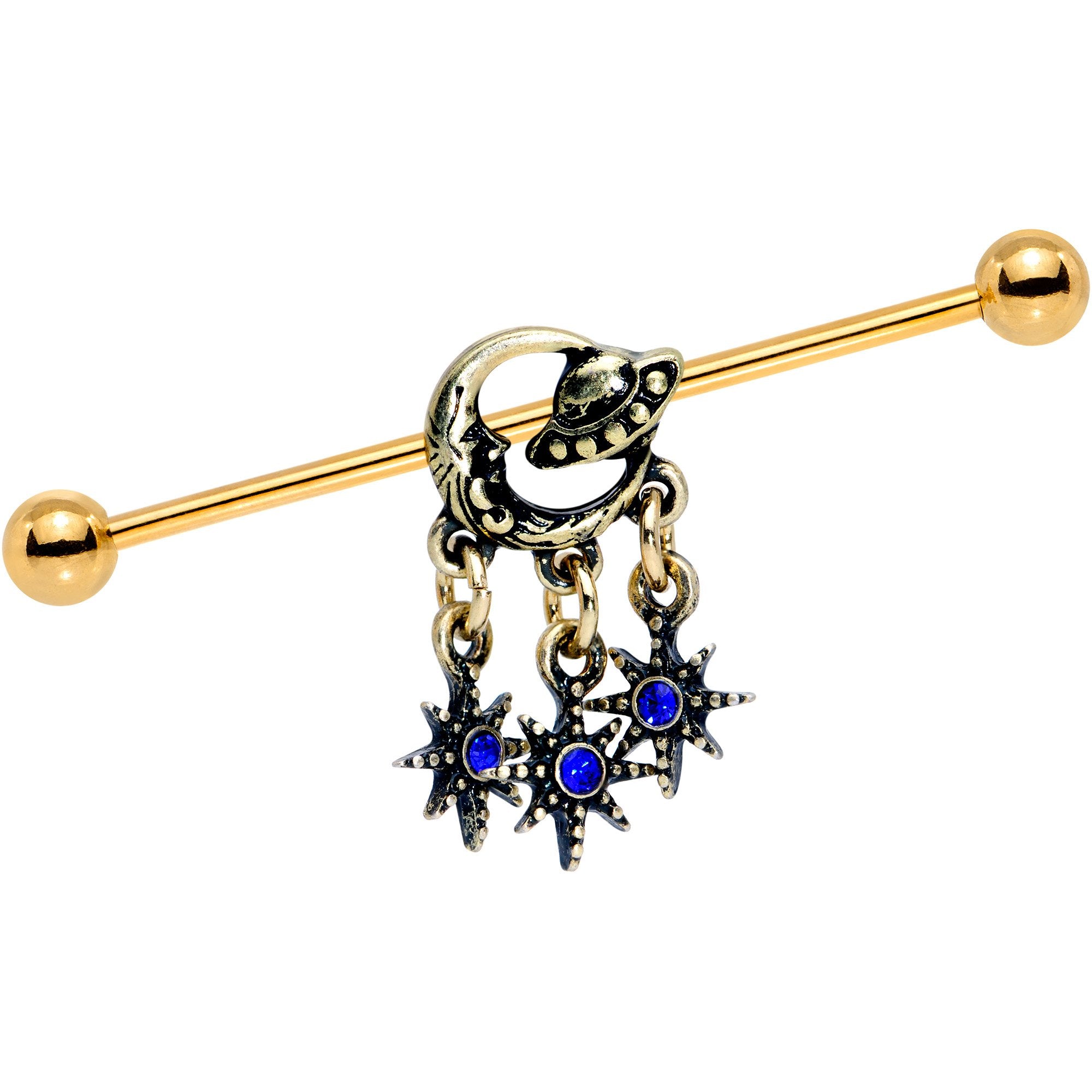 Blue Gem Gold PVD Moon Men Dreamcatcher Industrial Barbell 38mm