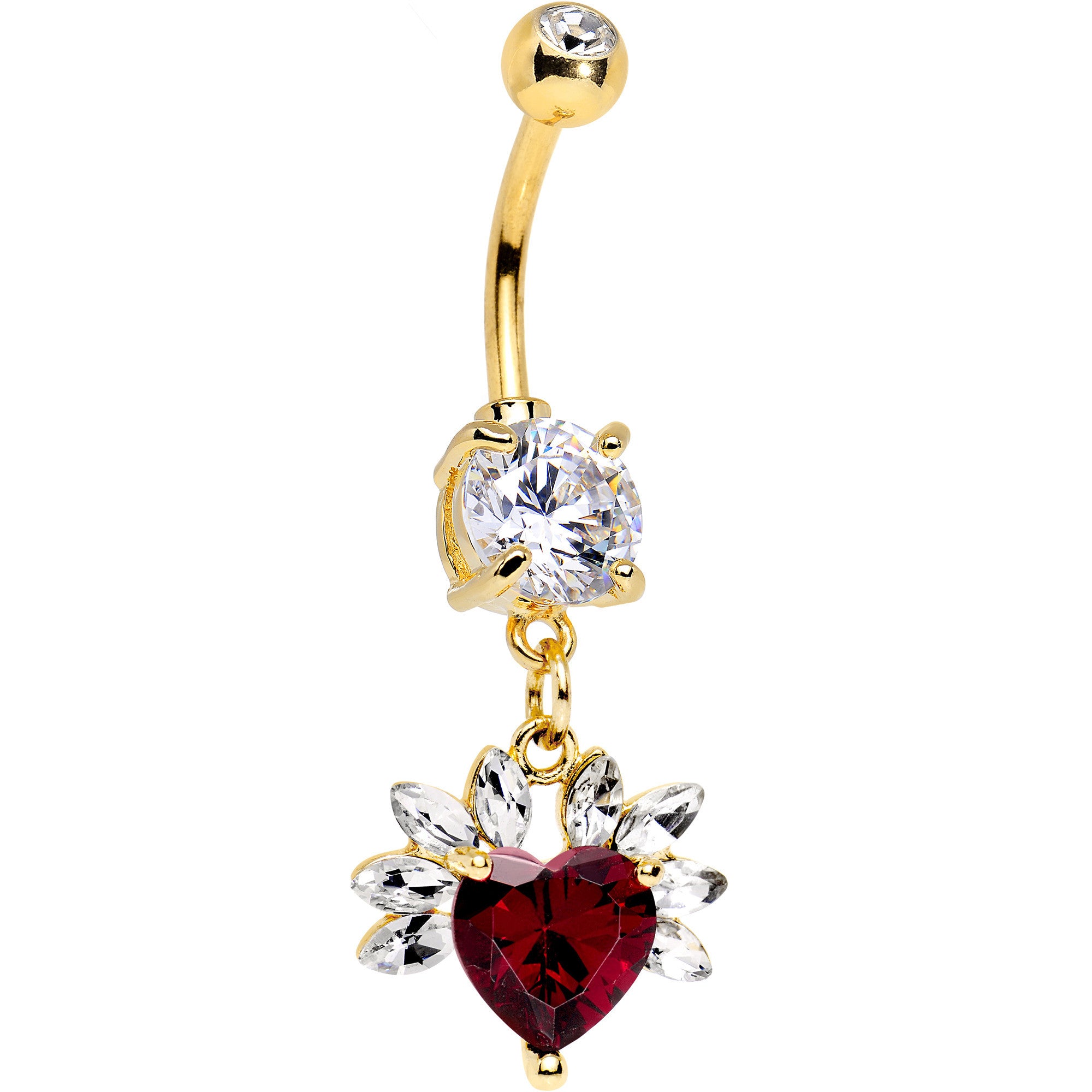 Red CZ Gem Gold Anodized Enshrined Heart Dangle Belly Ring