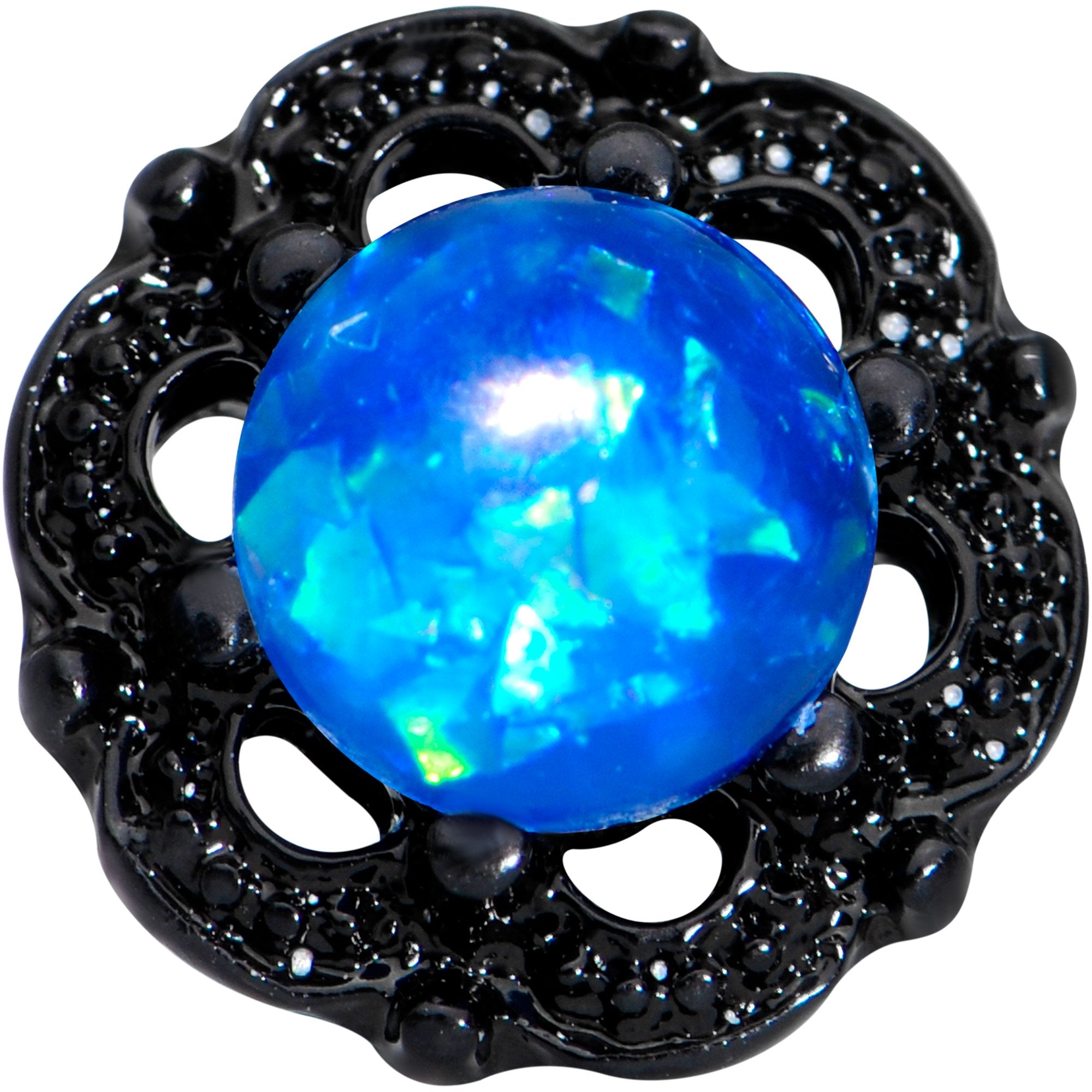 16 Gauge 1/4 Black PVD Blue Faux Opal Ornate Tragus Cartilage Earring