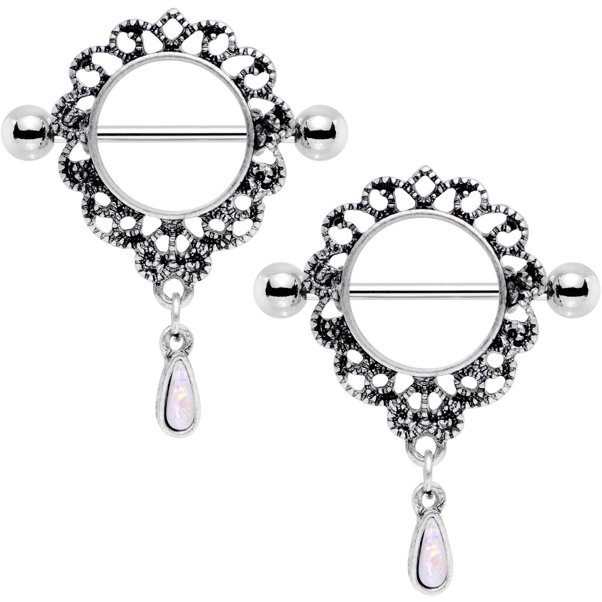 White Faux Opal Filigree Frame Dangle Nipple Shield Set