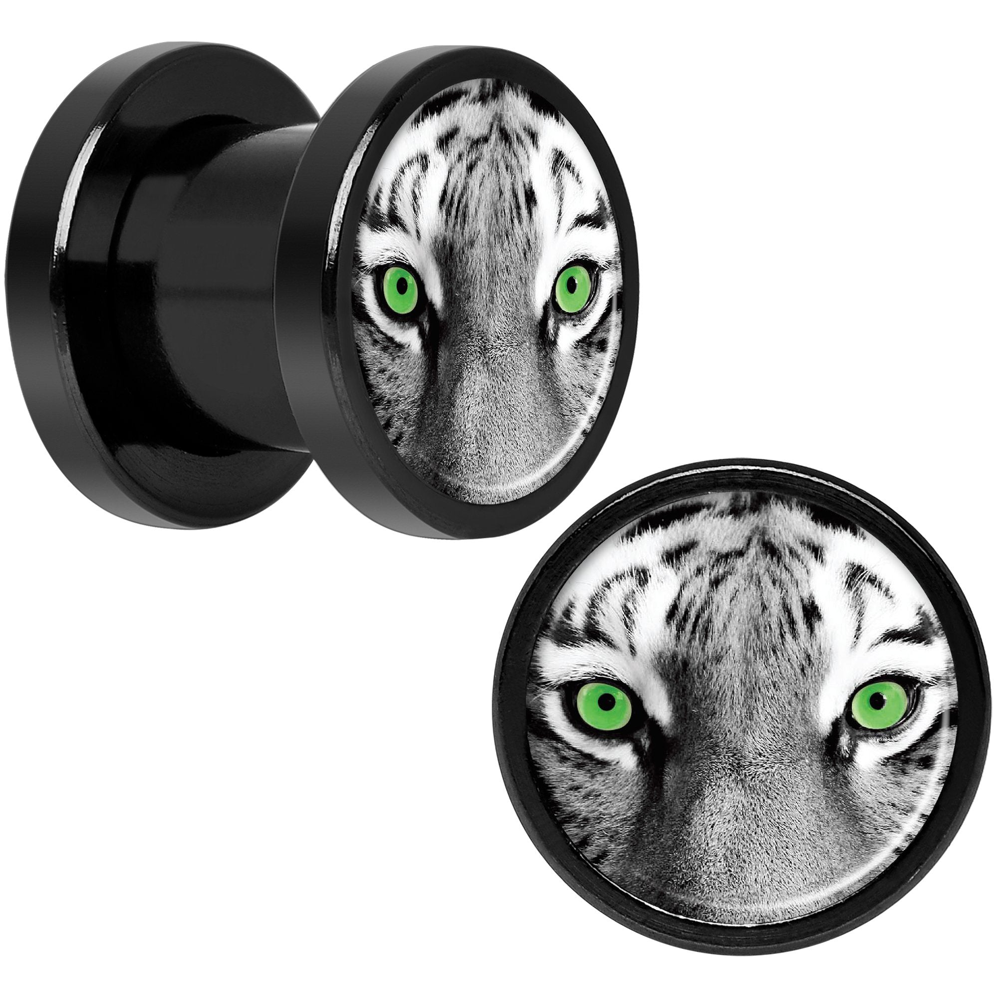 Black White Tiger Eyes Black Anodized Screw Fit Plug Set 0 Gauge