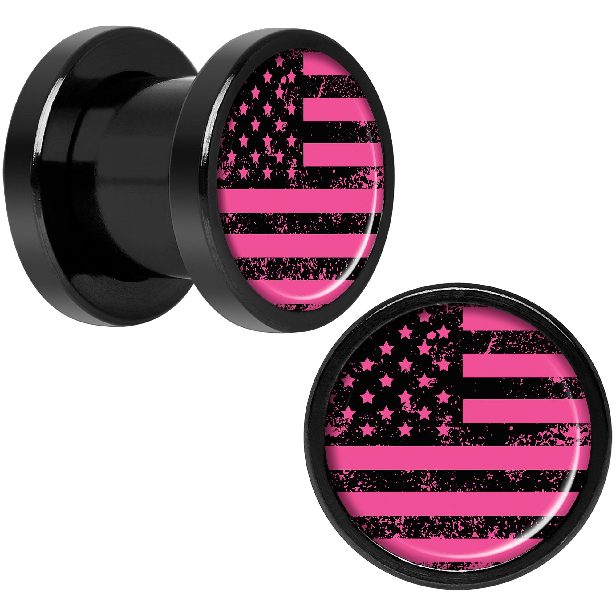 Pink American Flag Black Anodized Screw Fit Plug Set 0 Gauge