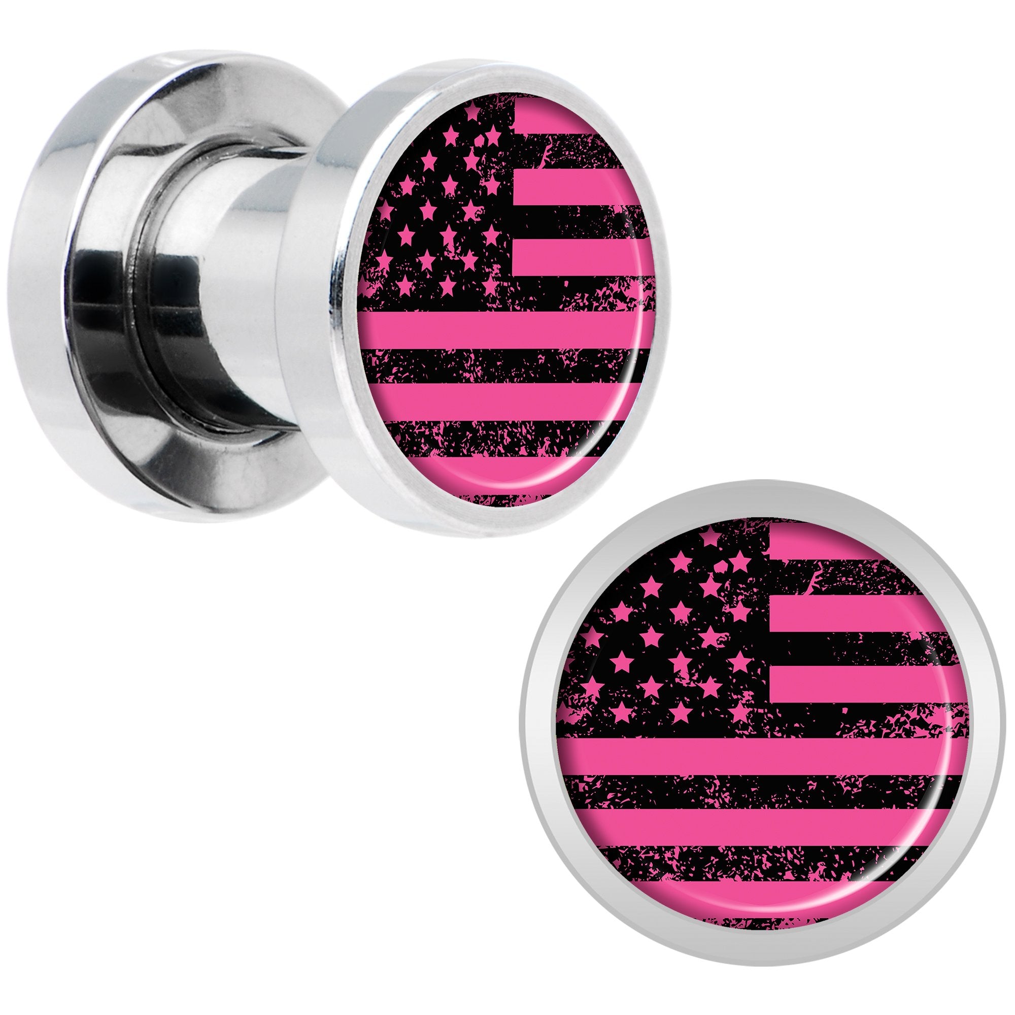 Pink American Flag Steel Screw Fit Plug Set 2 Gauge