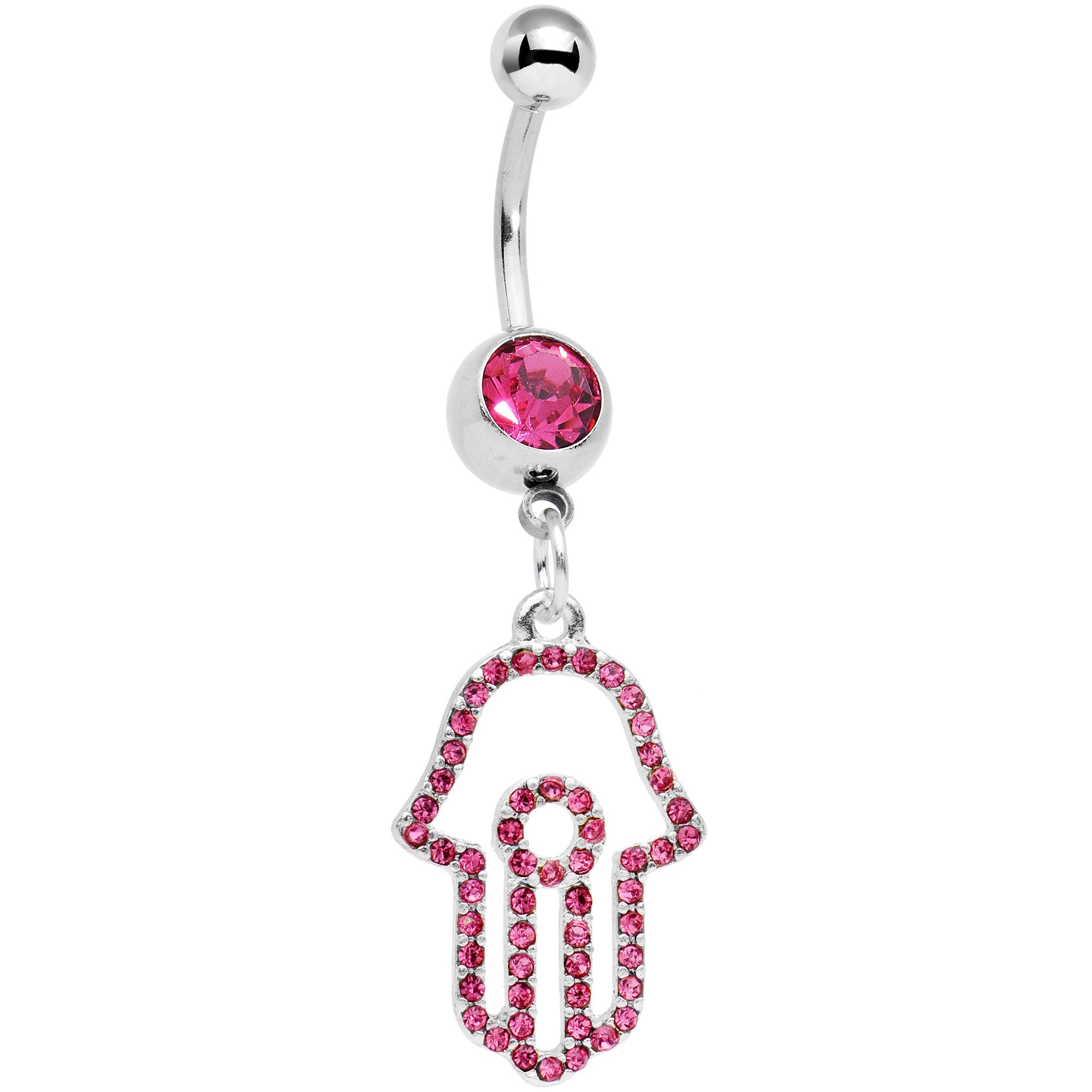 Pink Gem Hollow Hamsa Hand Dangle Belly Ring