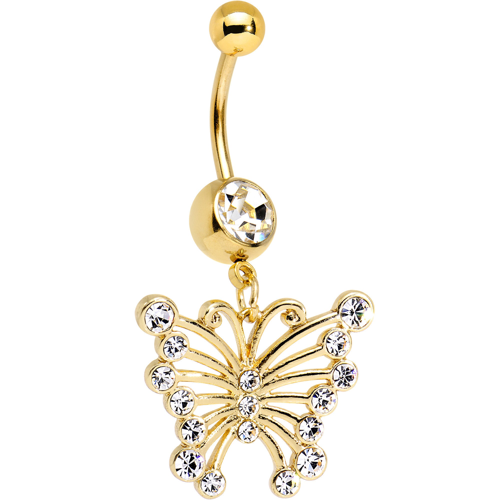 Clear Gem Gold PVD Brazen Butterfly Dangle Belly Ring