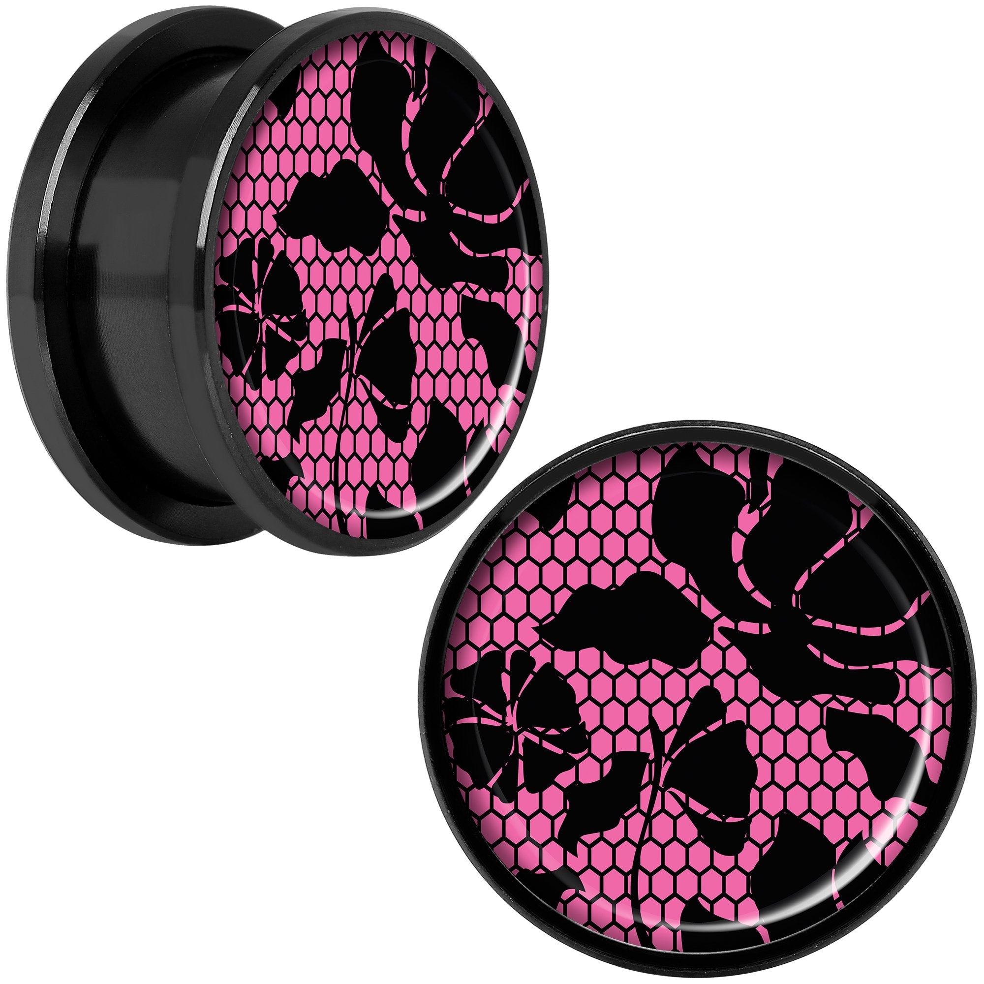 Pink Floral Lace Black Anodized Screw Fit Plug Set 18mm