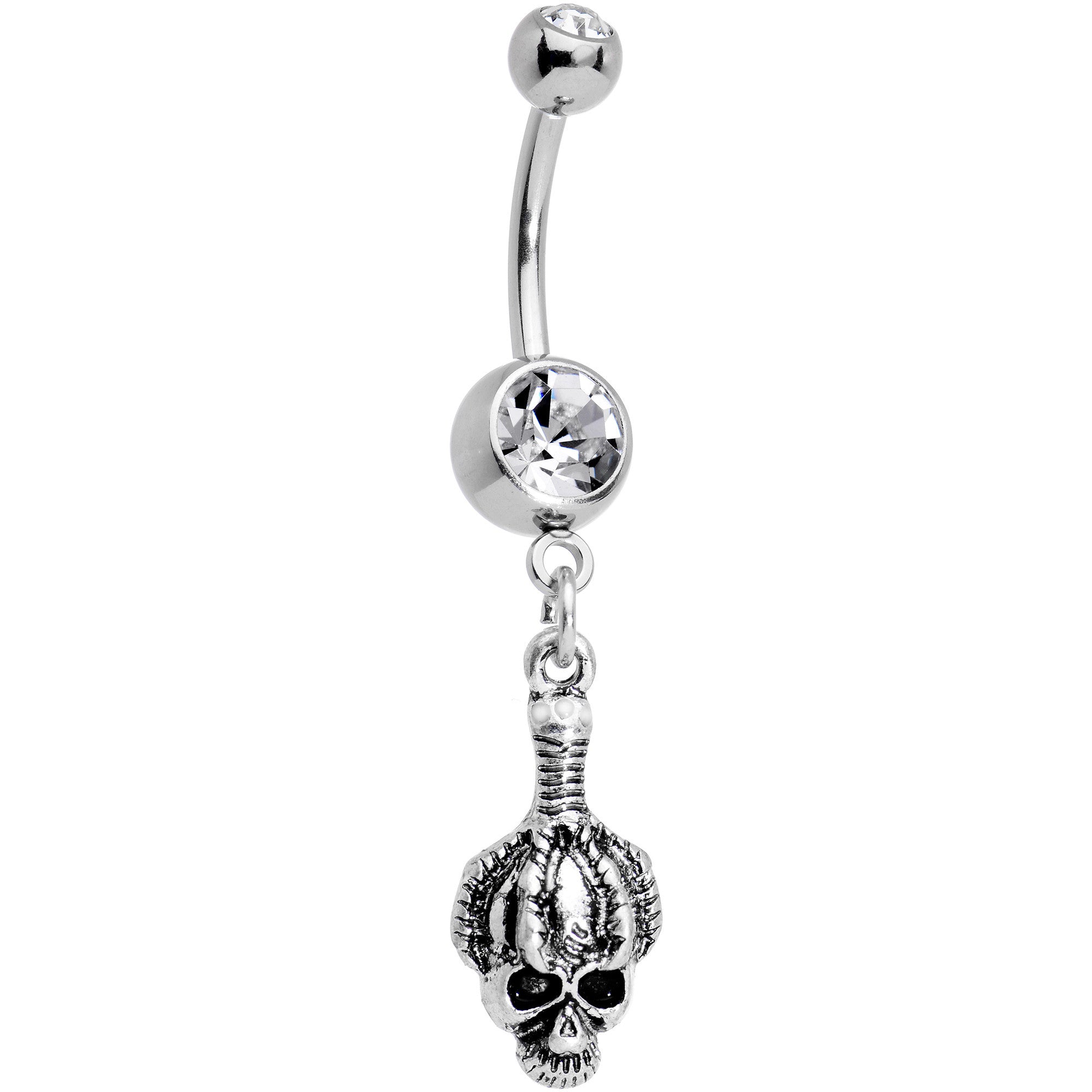 Clear Gem Creepy Shrunken Head Skull Dangle Belly Ring