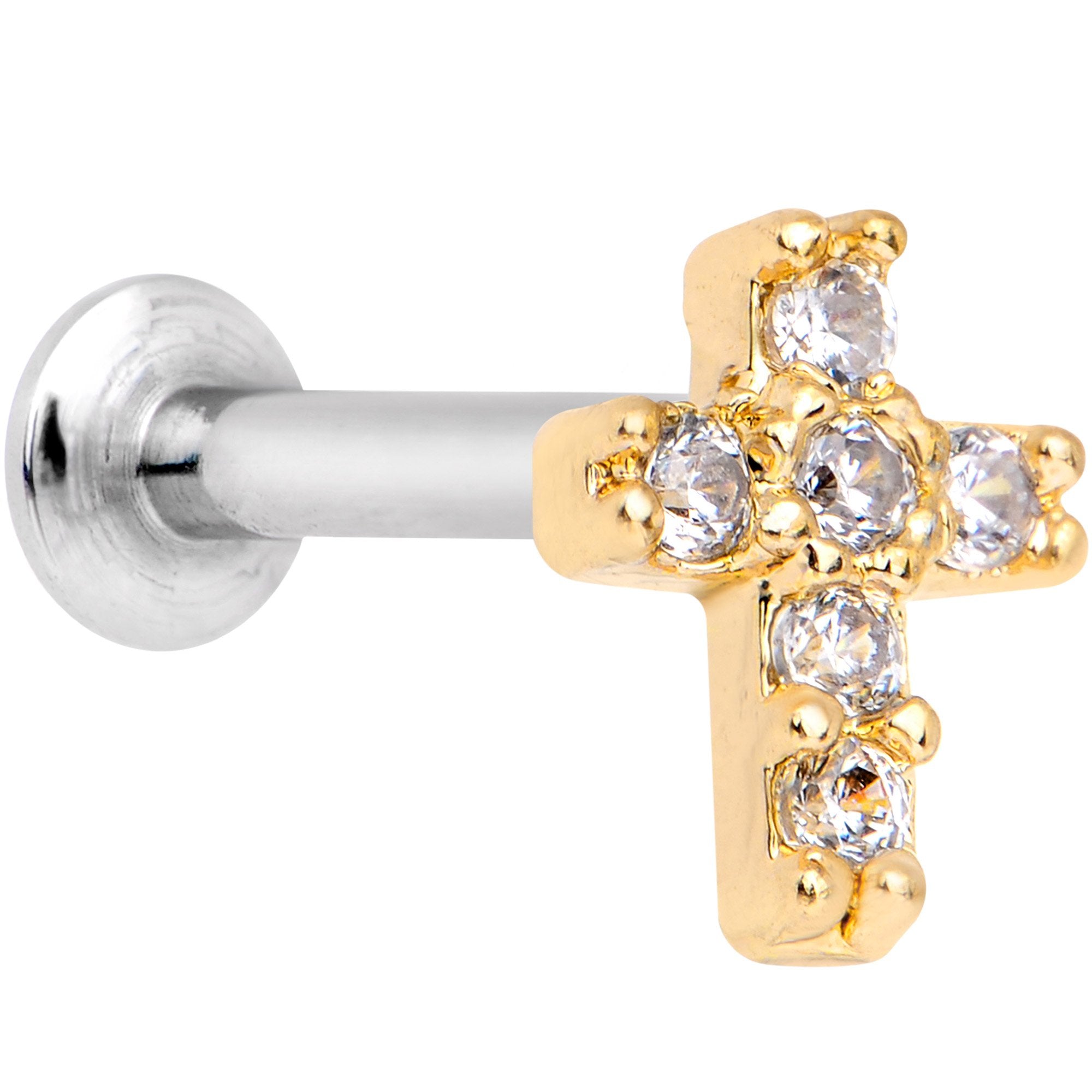 5/16 Clear CZ Gold Tone Internally Threaded Cross Labret Monroe