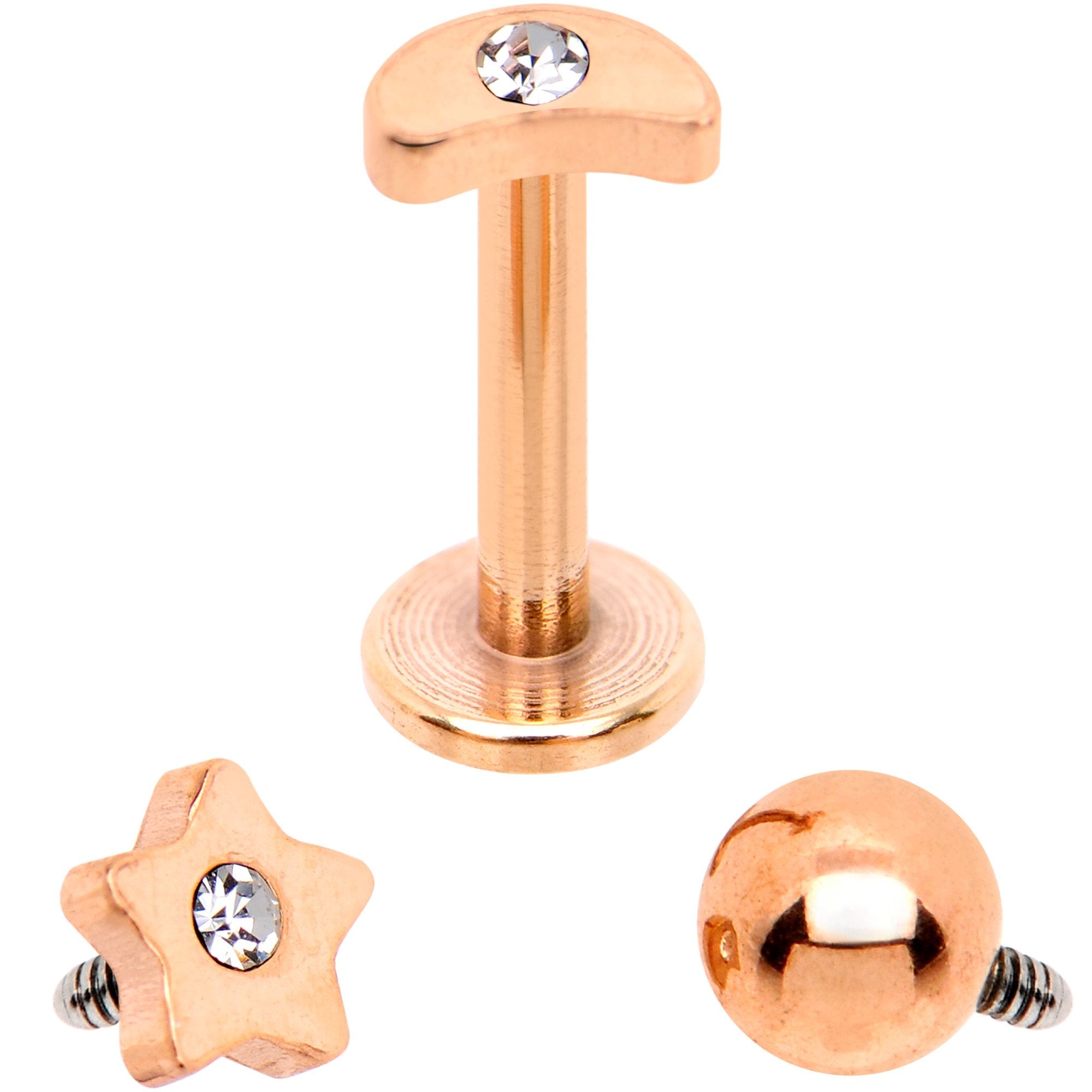 Clear CZ Rose Gold PVD Star Internally Threaded Labret Set of 3 Ends