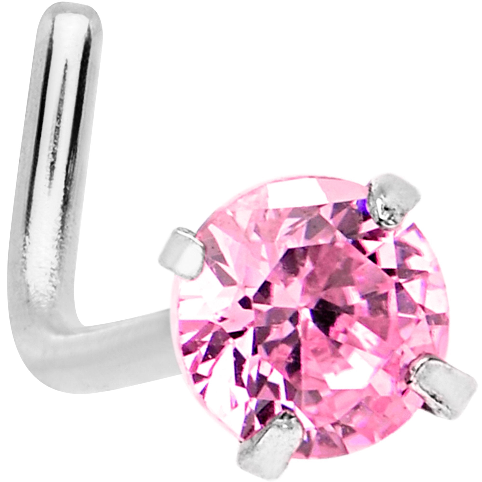 20 Gauge 1/4 Pink 3mm CZ Gem Steel L-Shape Nose Ring