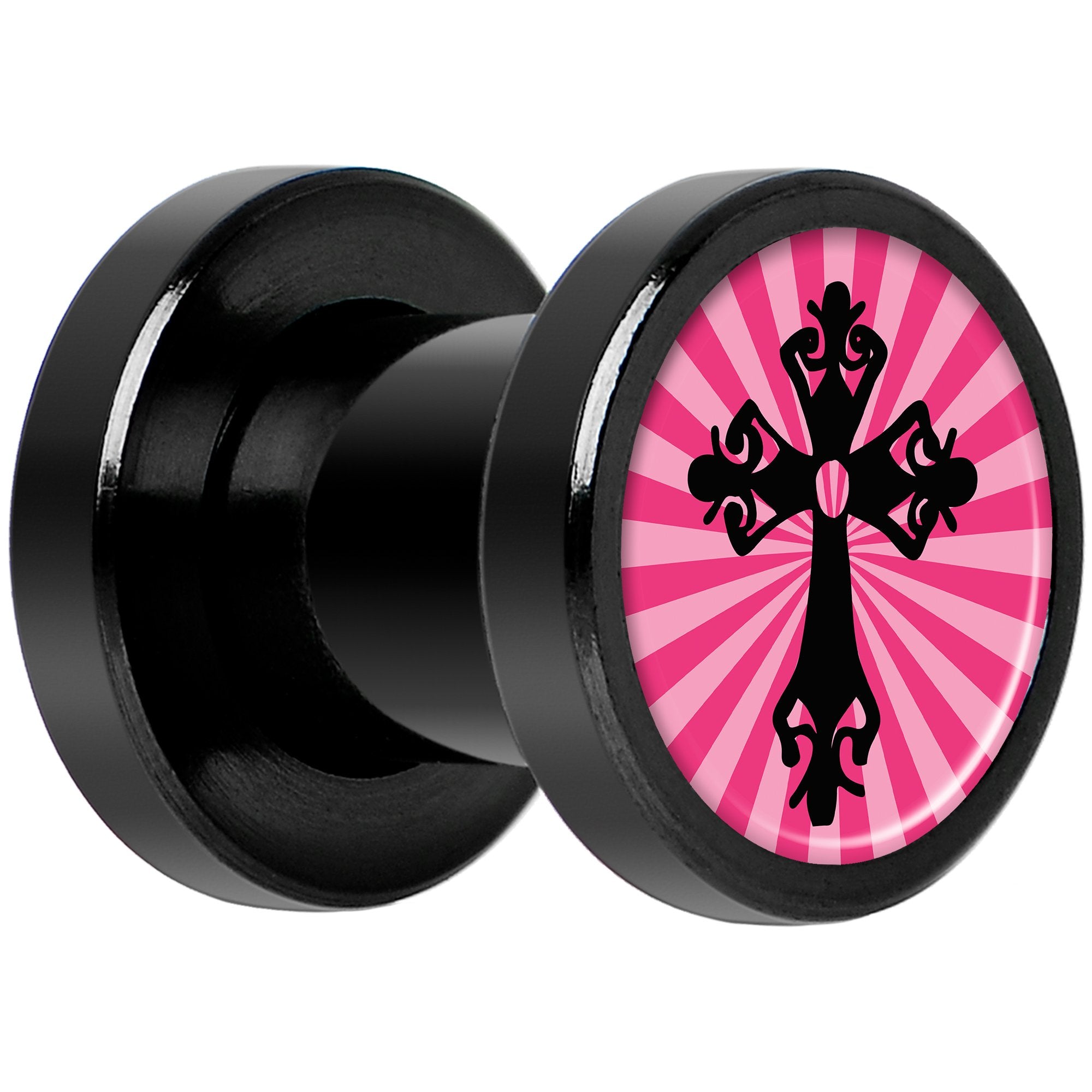 Pink Black Radiant Cross Black Anodized Screw Fit Plug Set 2 Gauge