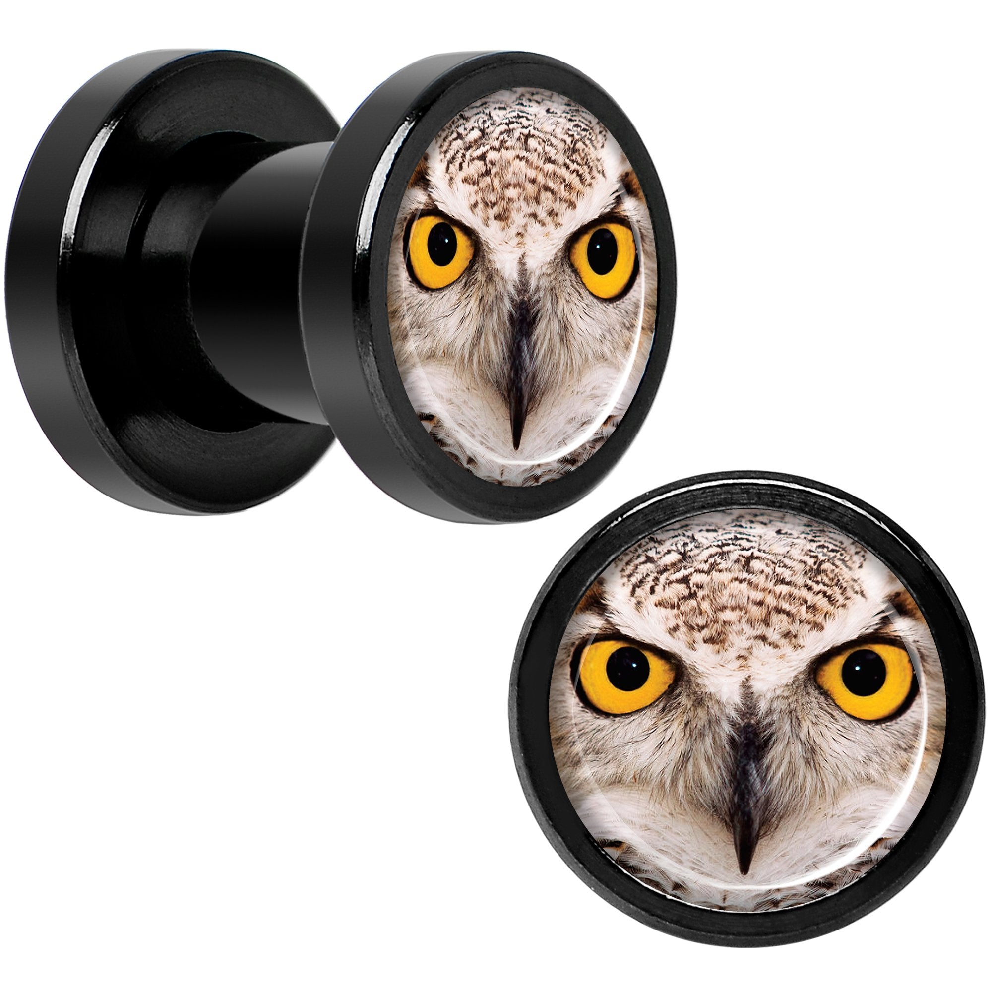 Full Color Owl Black Anodized Screw Fit Plug Set 2 Gauge