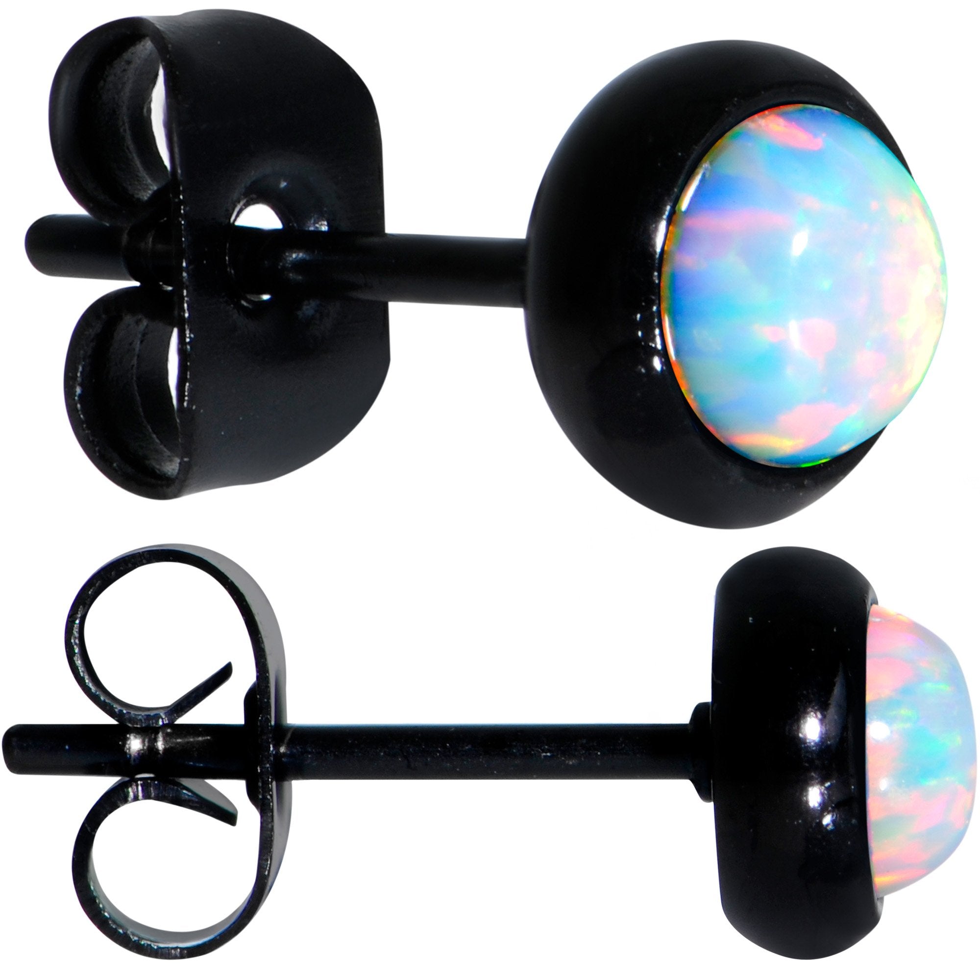 White Synthetic Opal Black IP 316L Surgical Steel Stud Earrings