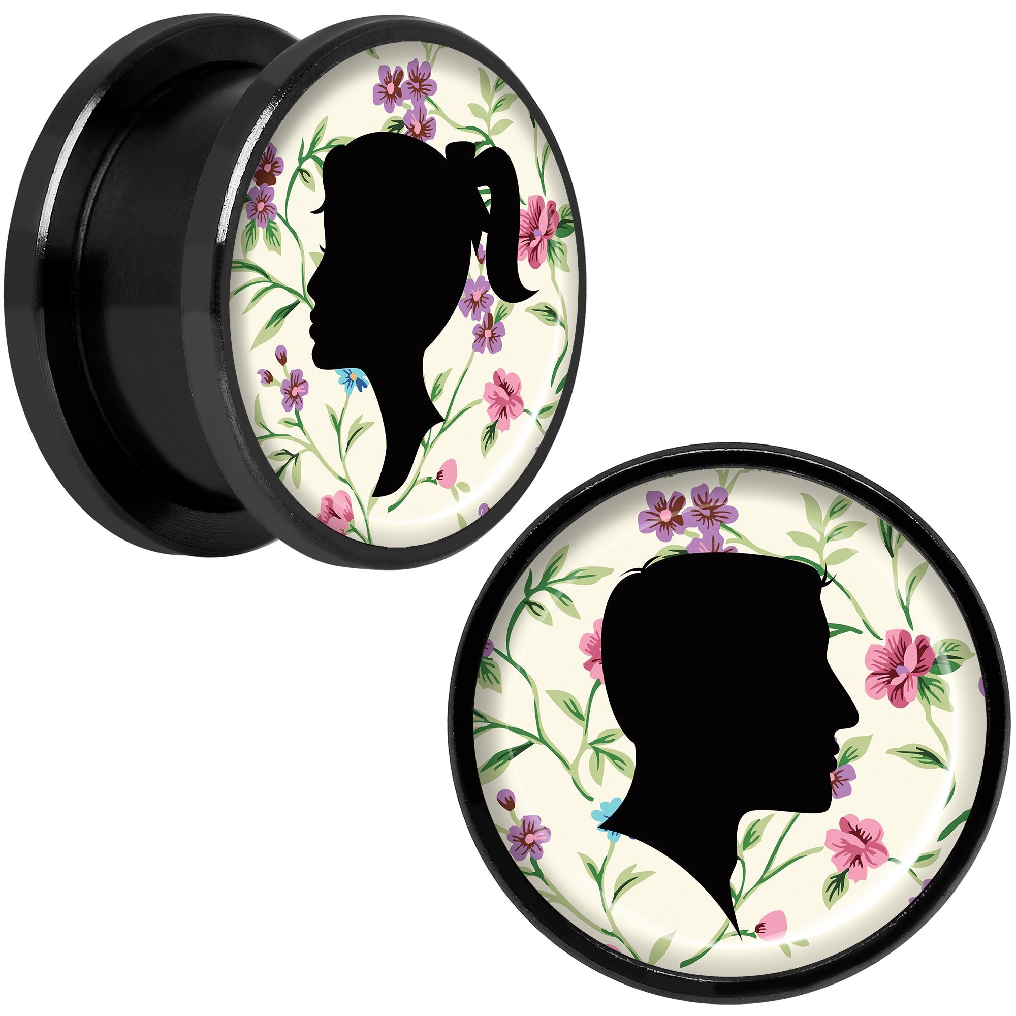 Man Woman Floral Silhouette Black Anodized Screw Fit Plug Set 5/8