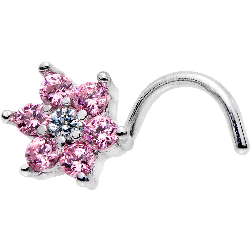 20 Gauge 1/4 Pink and Clear CZ Gem Flower Left Nose Screw