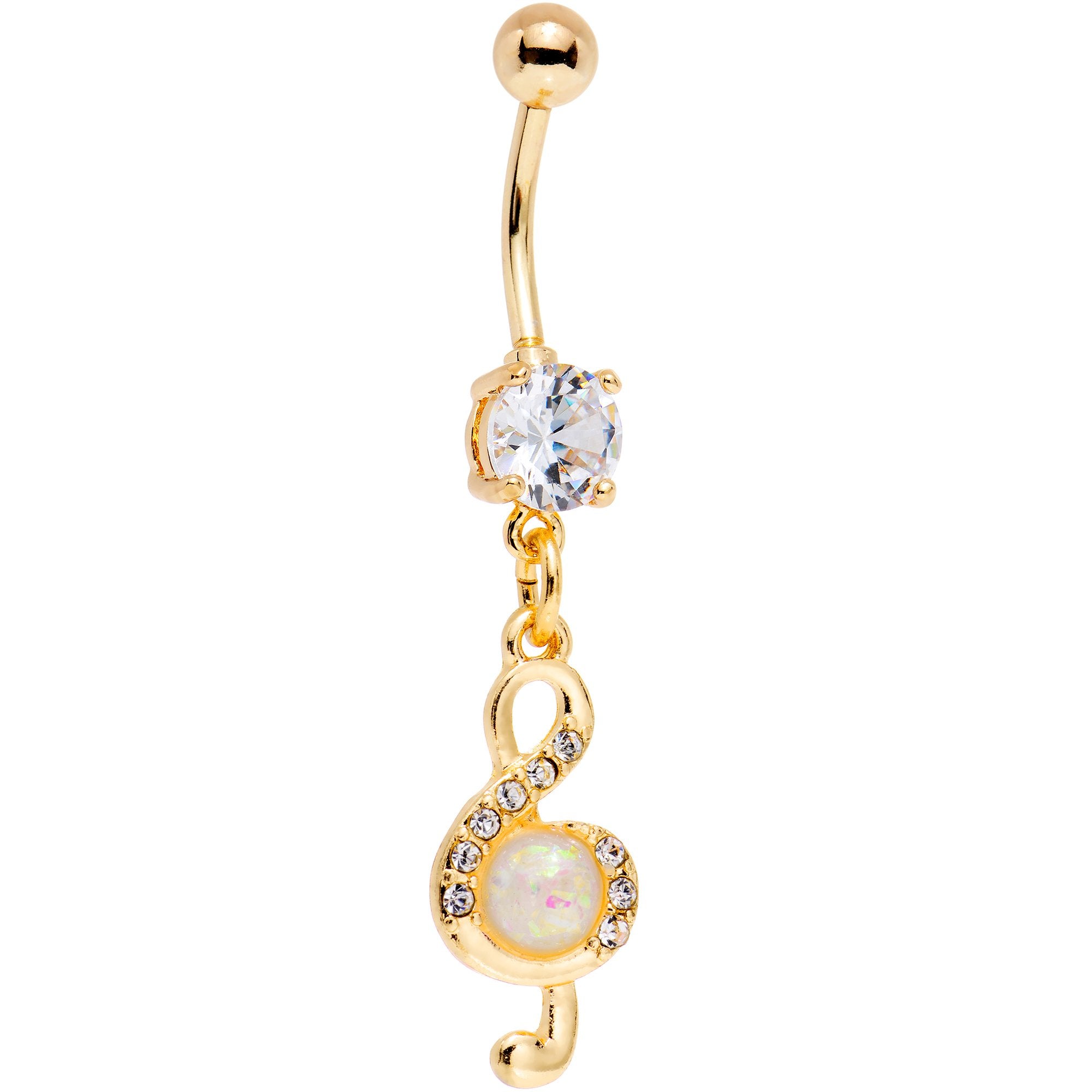 White Faux Opal Gold PVD Treble Clef Dangle Belly Ring