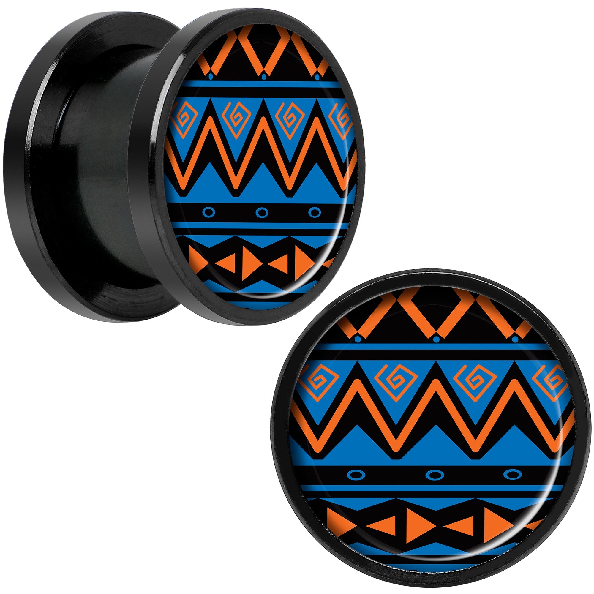 Blue Orange Tribal Print Black Anodized Screw Fit Plug Set 1/2