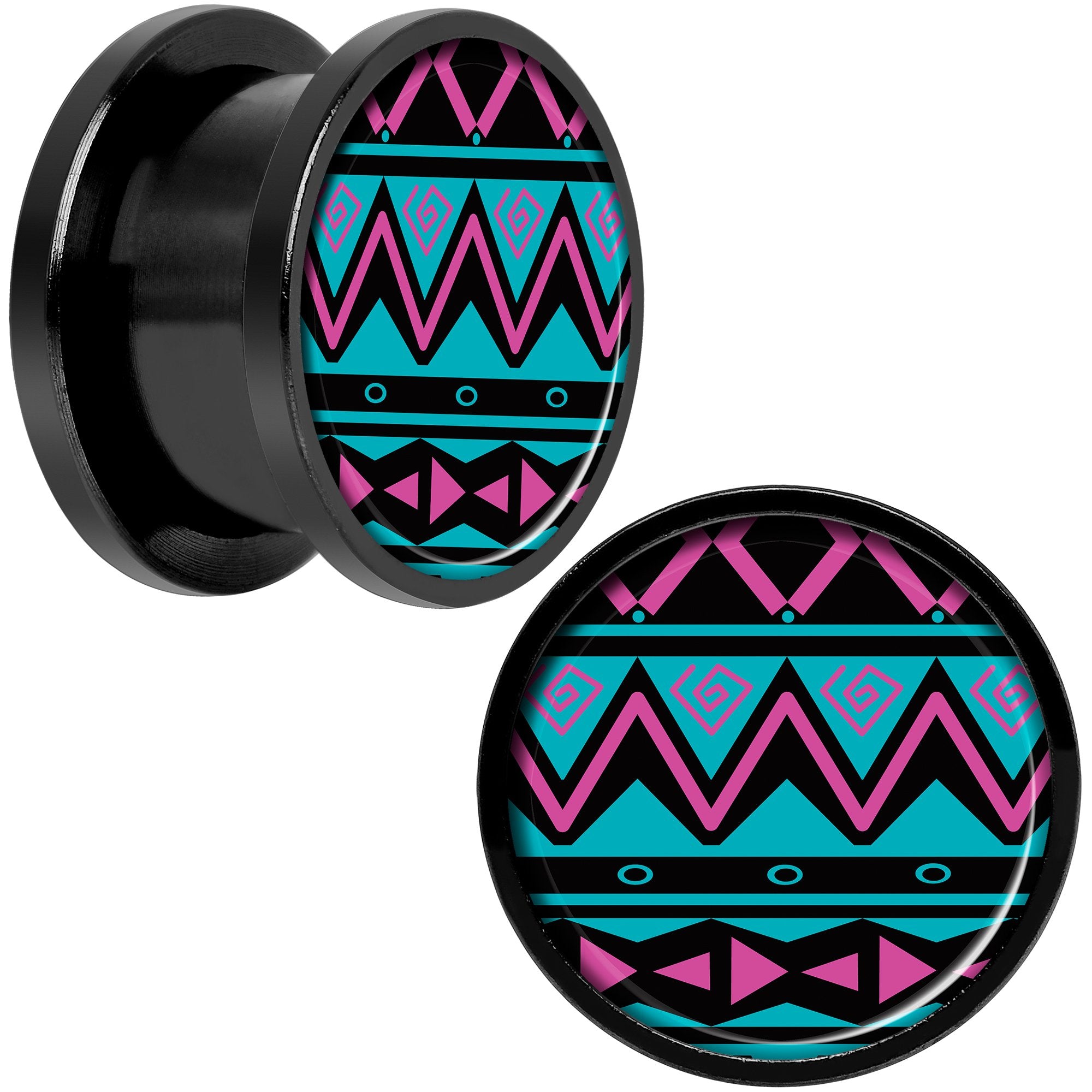 Pink Teal Tribal Print Black Anodized Screw Fit Plug Set 9/16