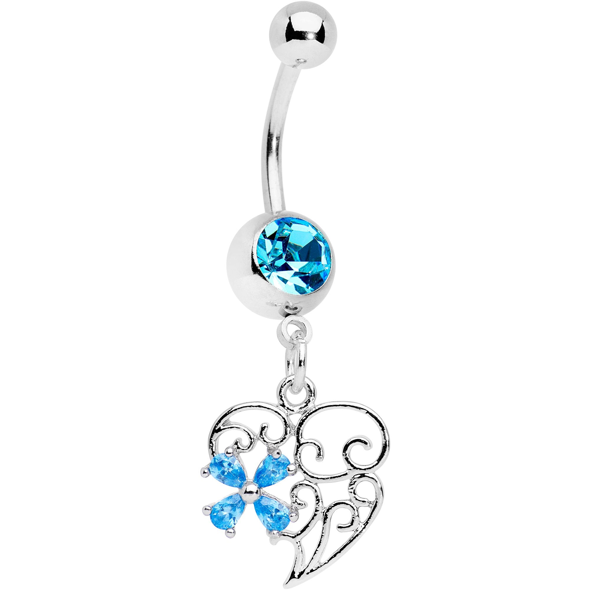 Aqua Gem Filigree Heart Flower Dangle Belly Ring