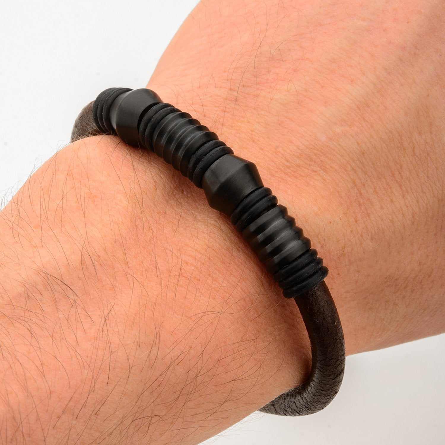 Mens Brown Smooth Leather with Black Beads 6mm Bracelet