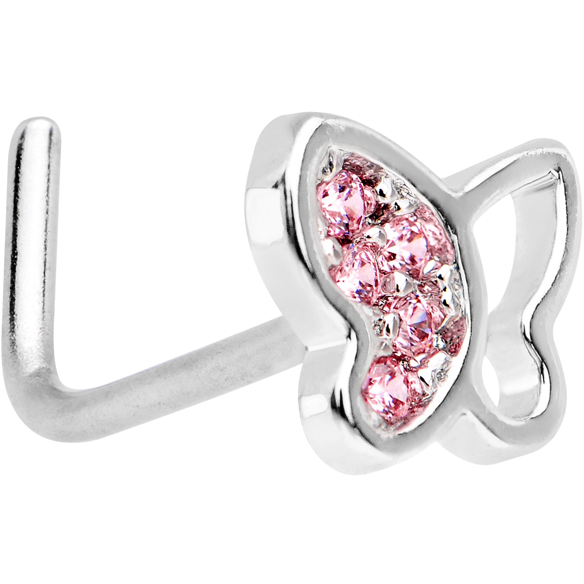 20 Gauge 1/4 Pink CZ Gem Butterfly L Shaped Nose Ring