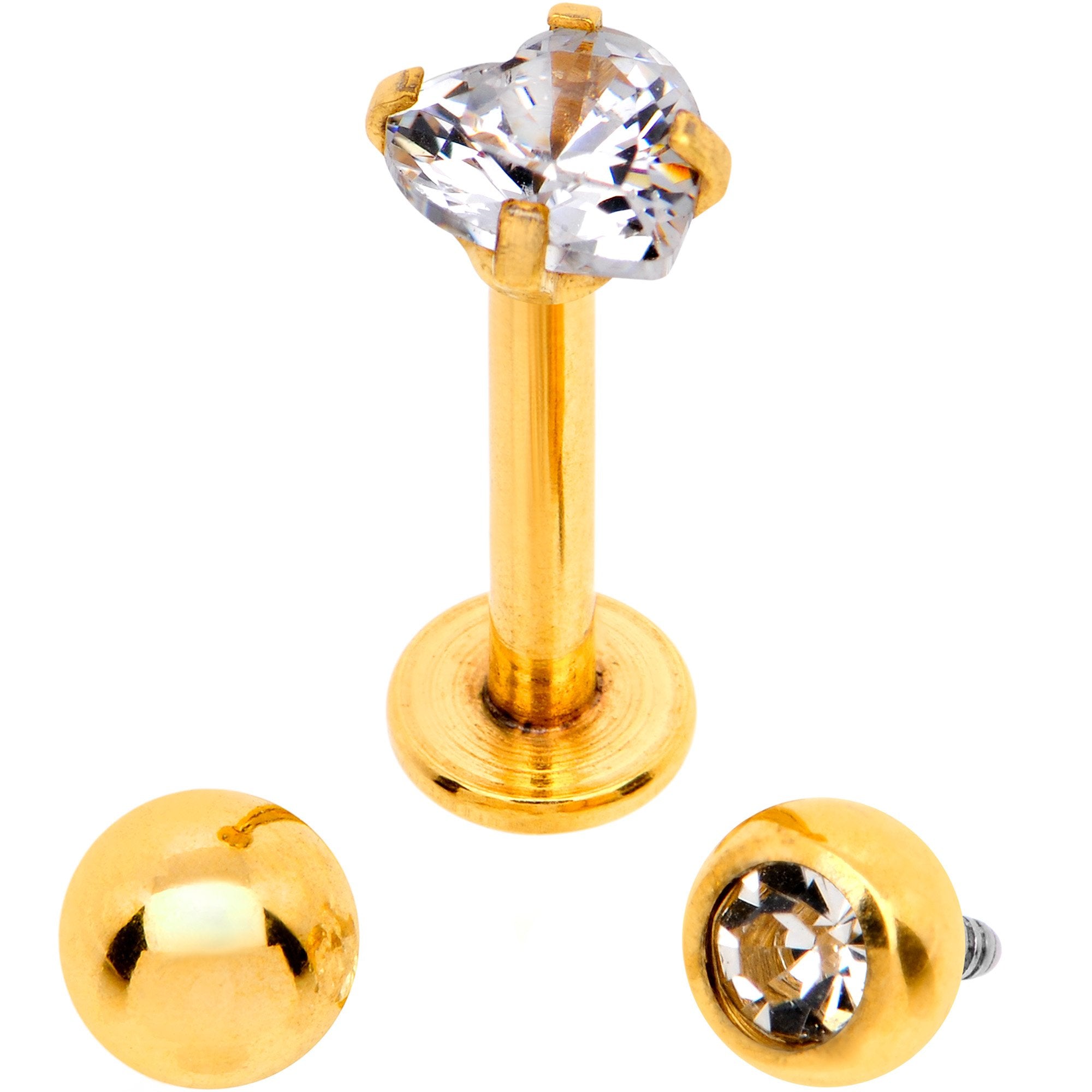 Clear CZ Gem Gold PVD Heart Internally Threaded Labret Set of 3 Ends