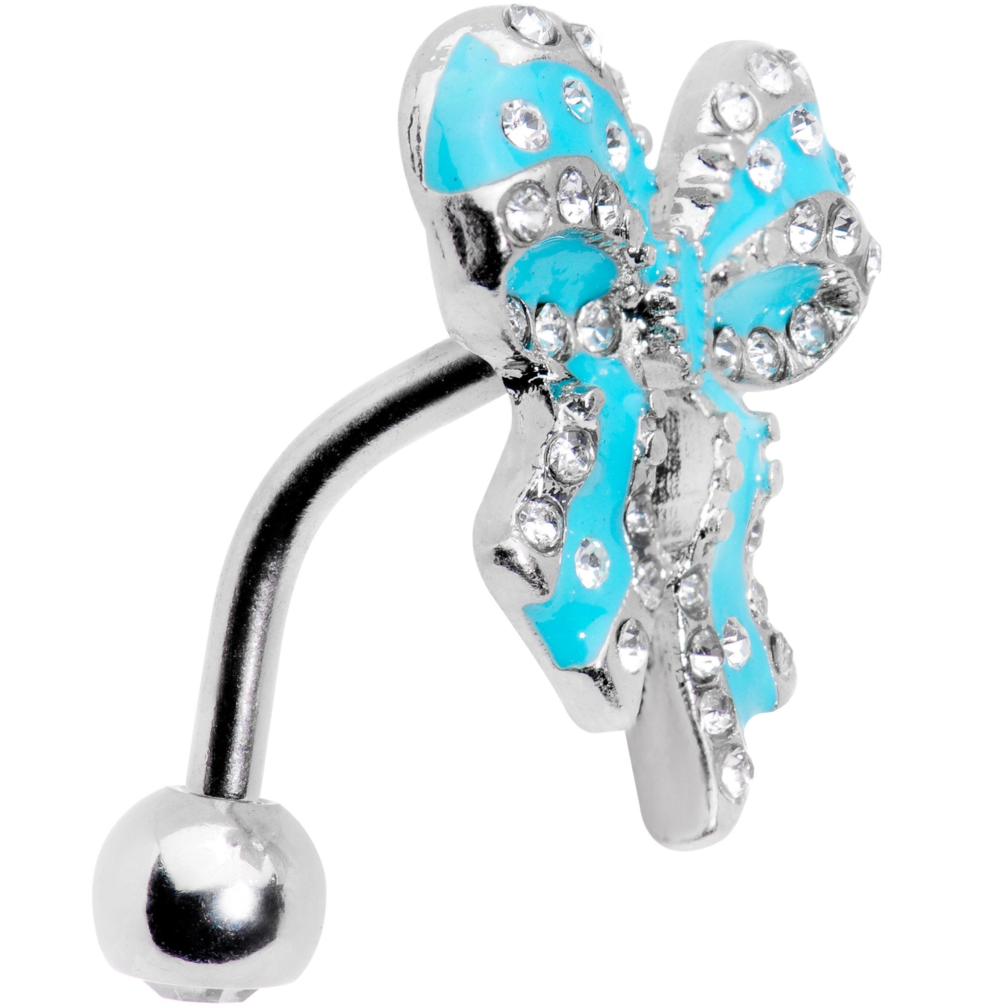 Clear Gem Bedazzled Blue Bow Top Mount Belly Ring