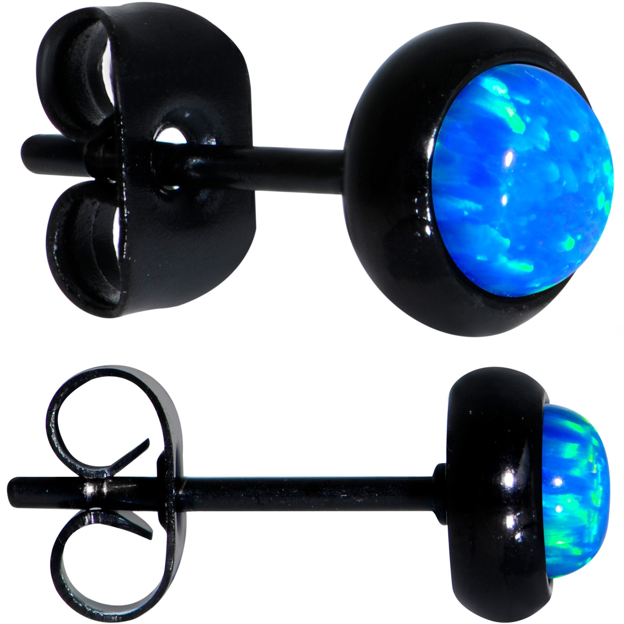 Blue Synthetic Opal Black IP 316L Surgical Steel Stud Earrings