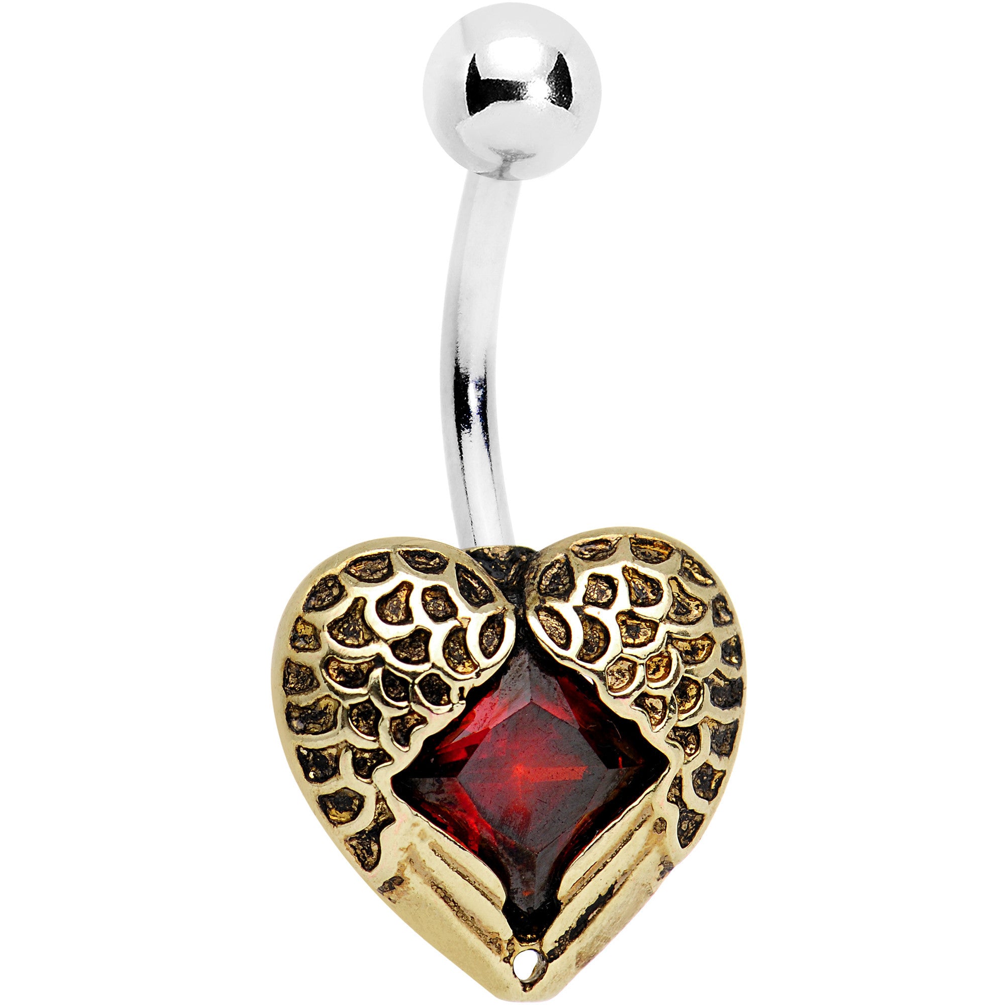 Red CZ Gem Winged Feather Valentine Heart Belly Ring