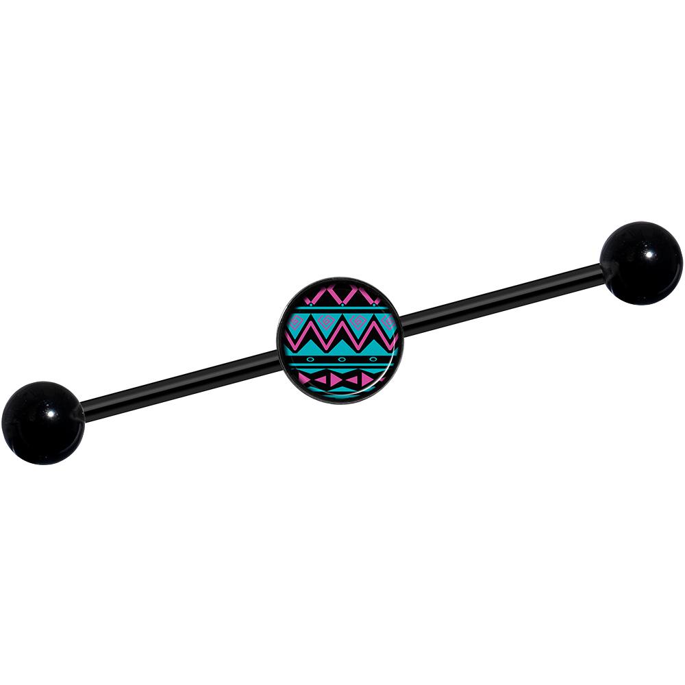 14 Gauge Pink Teal Tribal Pattern Black Industrial Barbell 37mm