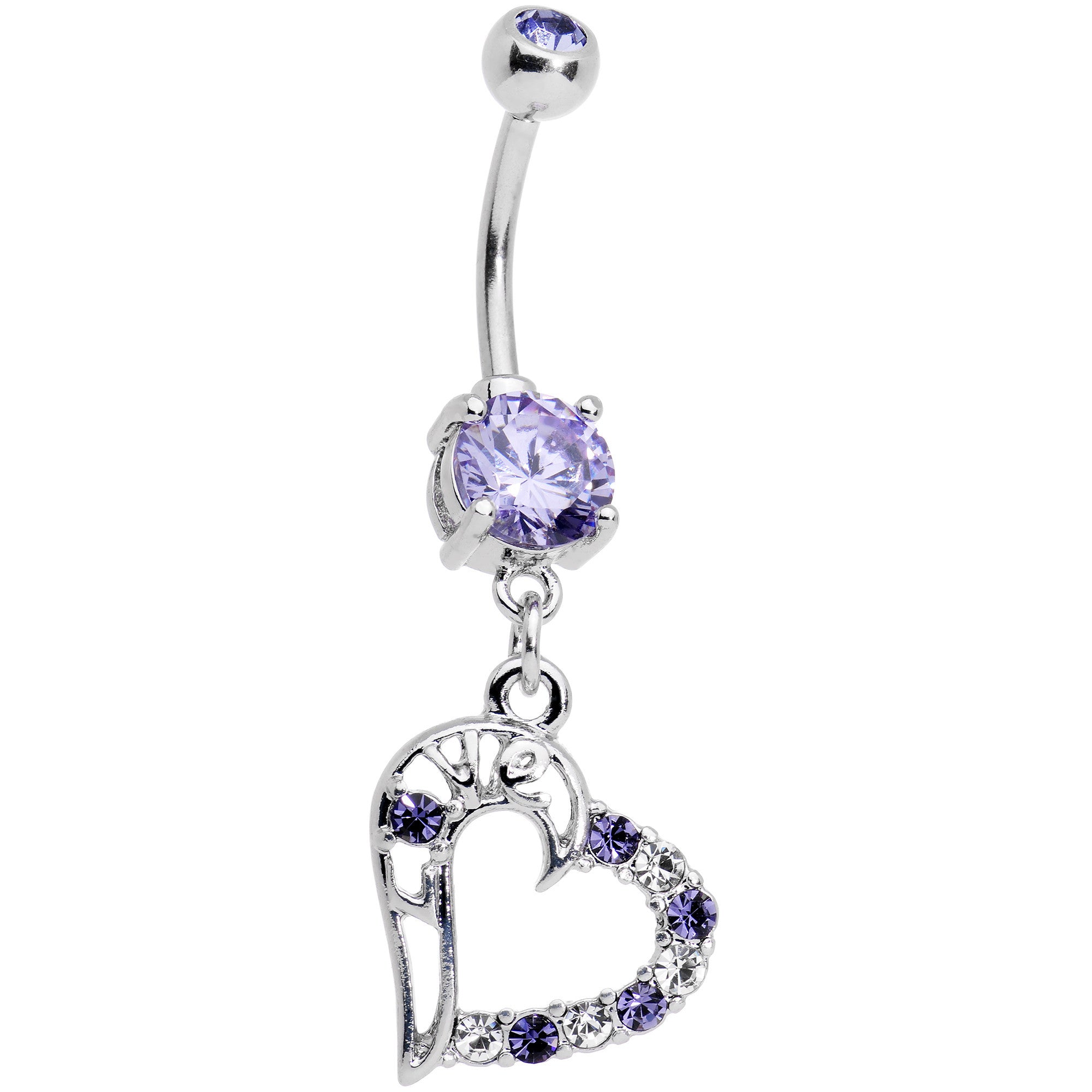 Purple Gem Love Inscribed Titled Heart Dangle Belly Ring