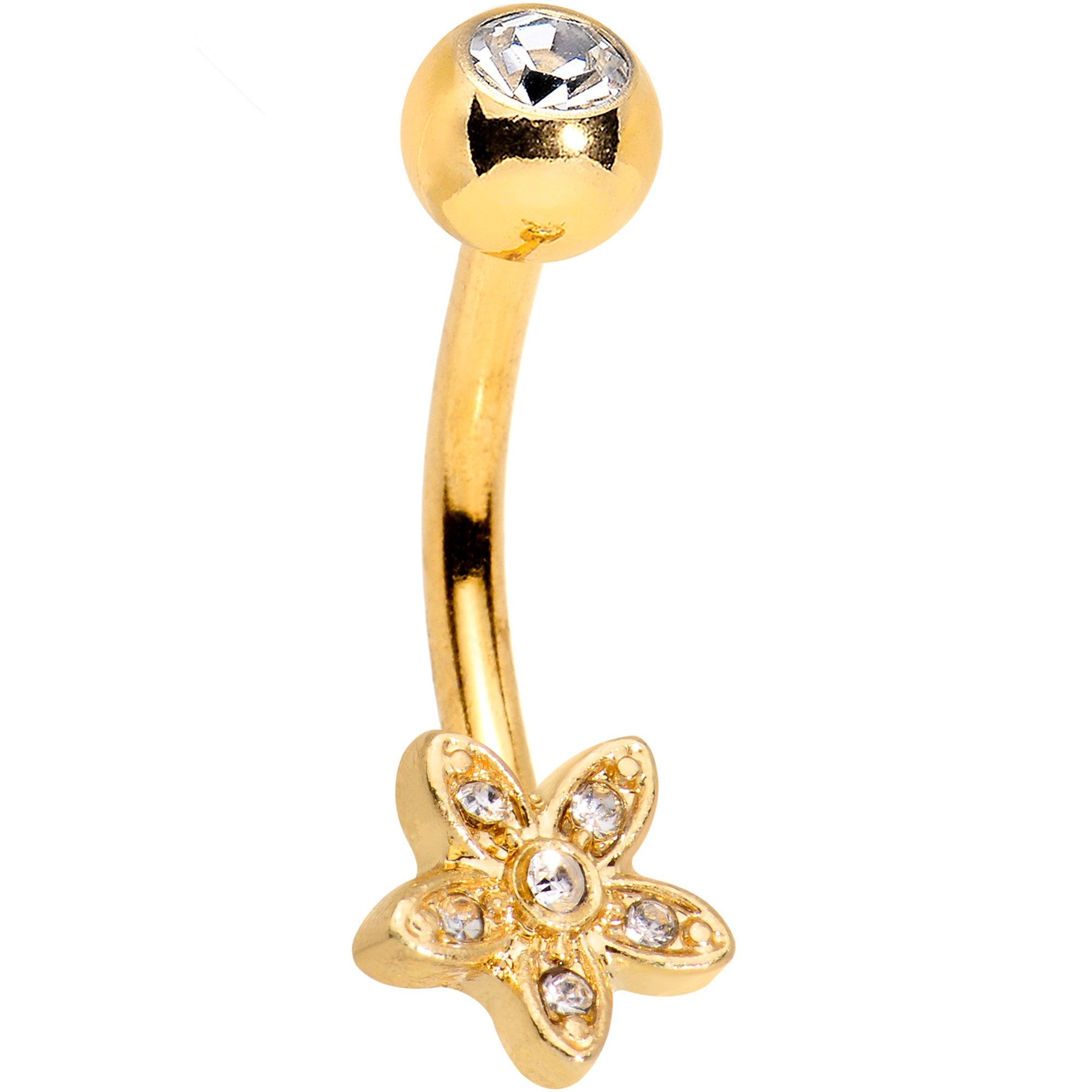 Clear Gem Field of Flowers Gold PVD Dangle Belly Ring