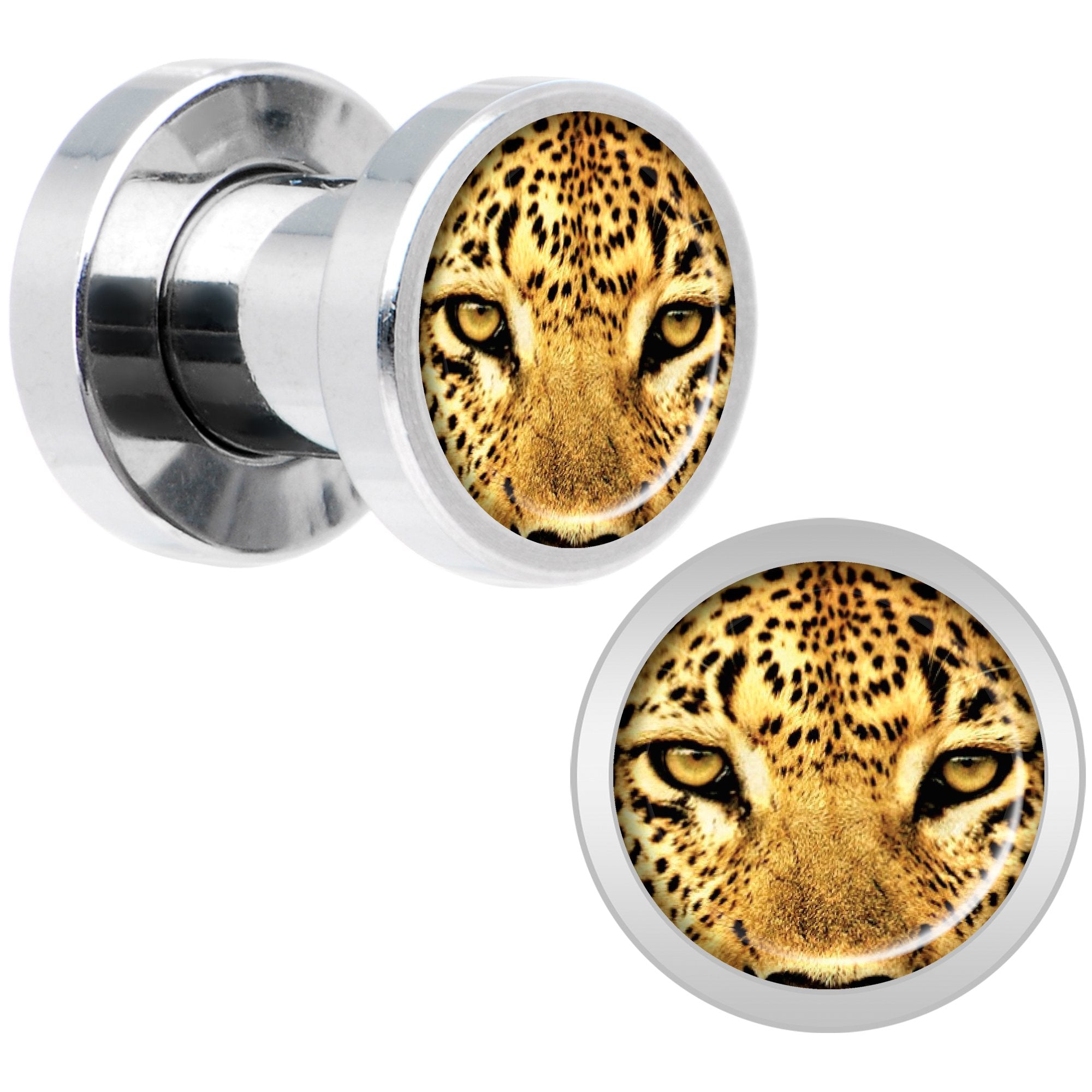 Full Color Leopard Eyes Steel Screw Fit Plug Set 4 Gauge