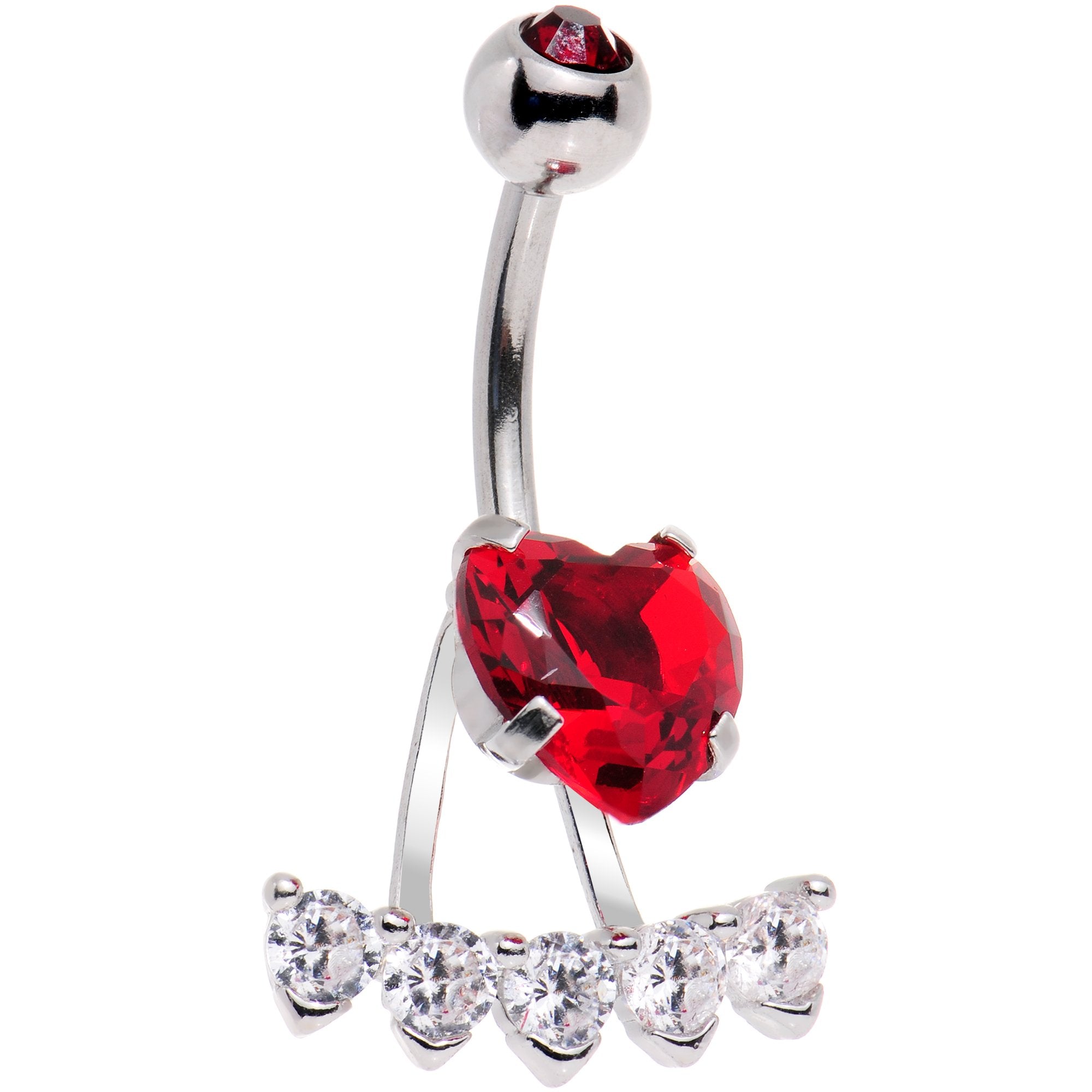 Clear Red CZ Gem Sweet Heart Sweep Dangle Belly Ring