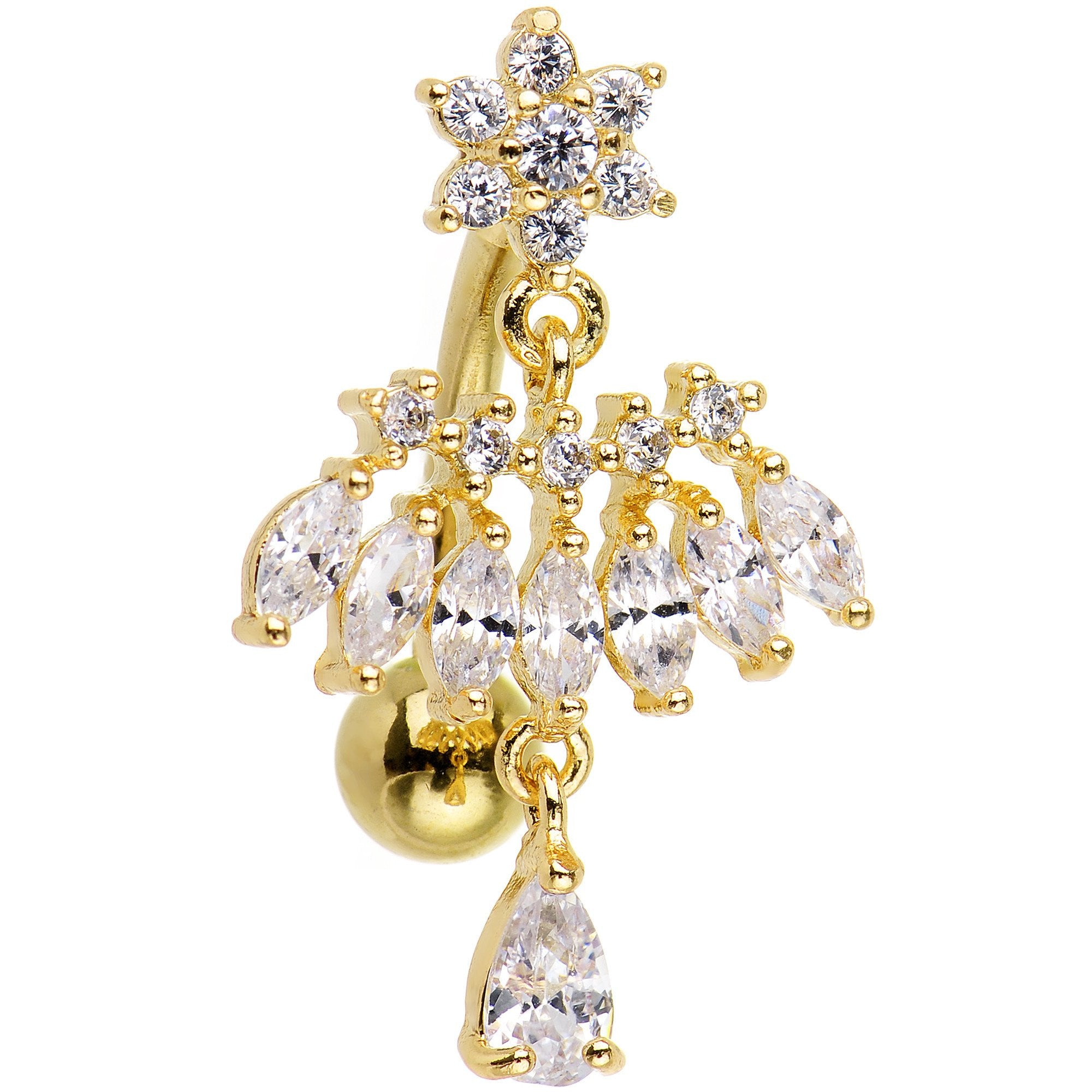 Clear CZ Gold Tone Chandelier Top Mount Dangle Belly Ring