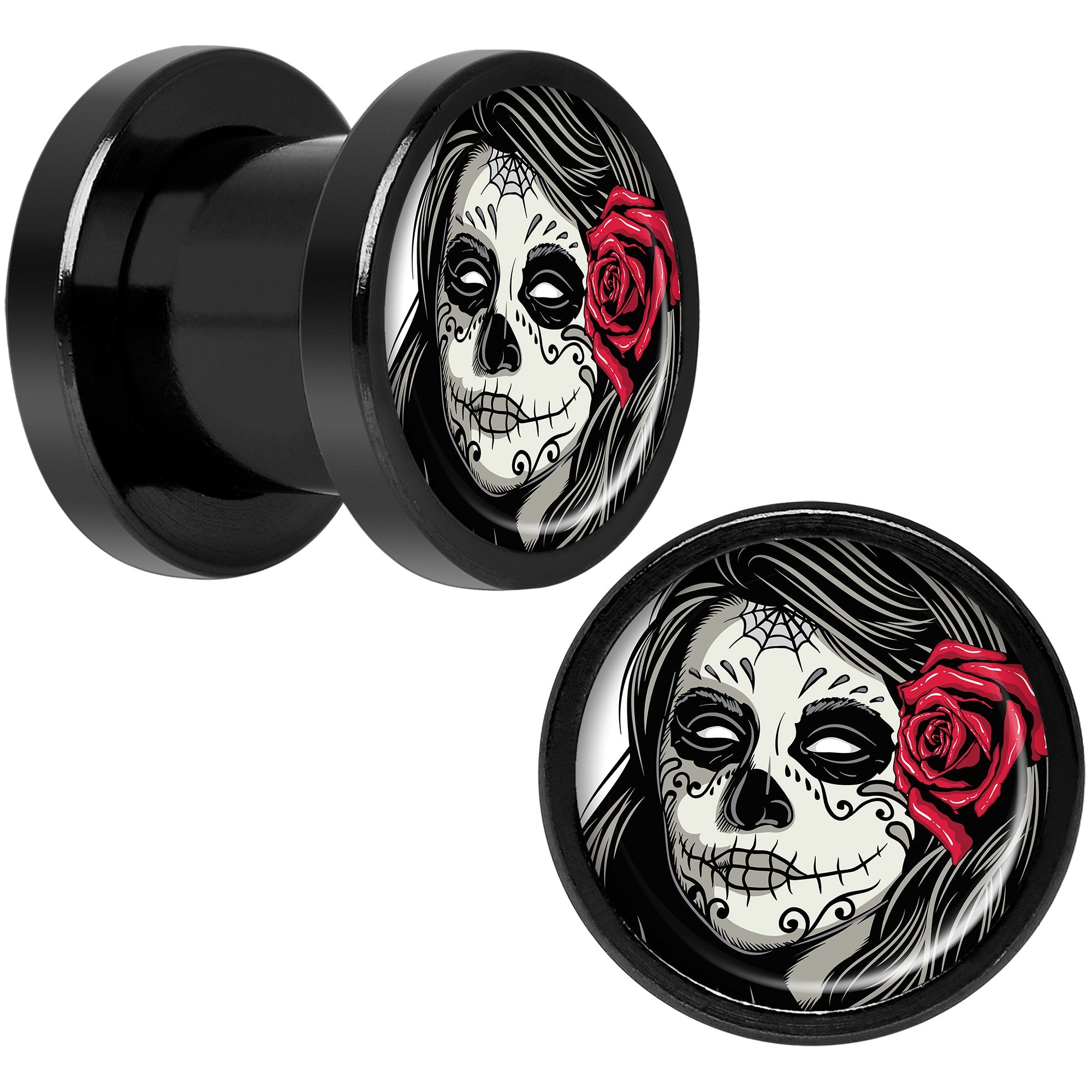 Katrina Sugar Skull Rose Flower Black Anodized Screw Fit Plug Set 0 Gauge