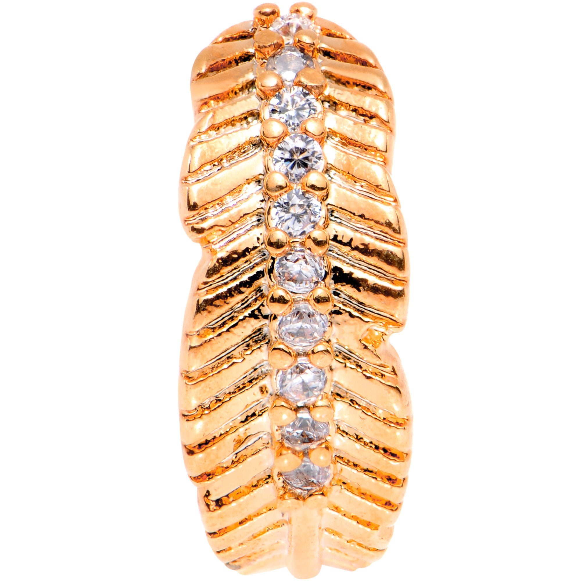 18 Gauge Clear CZ Gem Rose Gold Tone Feather Seamless Circular Ring