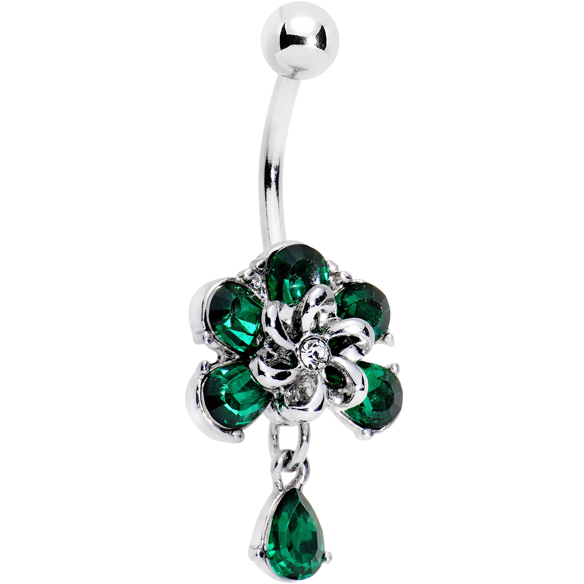 Green Clear CZ Gem Feeling Lucky Lovely Flower Dangle Belly Ring